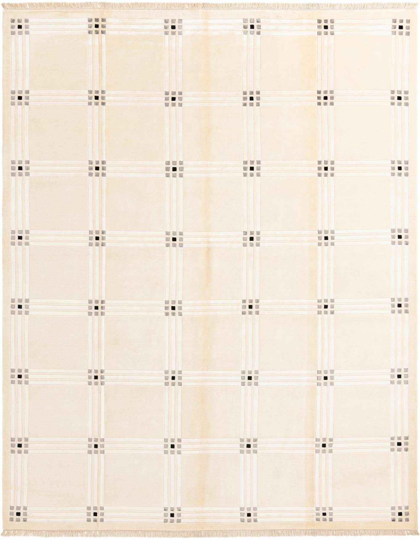 An 8x11 rectangular Darya rug in cream and tan wool with a modern grid pattern and small dark squares.