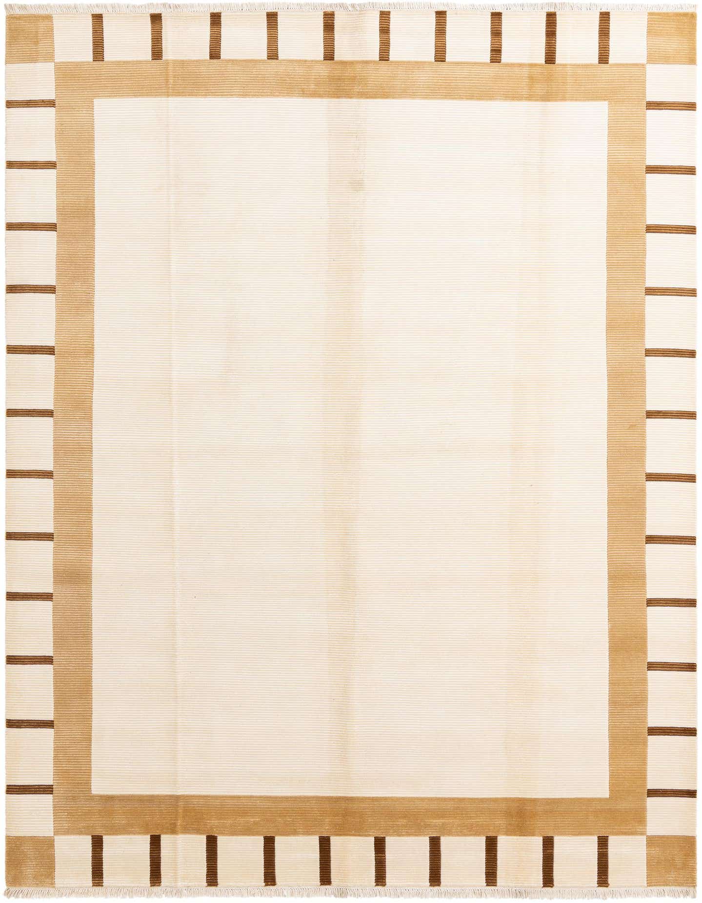 An 8x11 rectangular modern wool rug with a cream field and a bold brown and tan striped border.