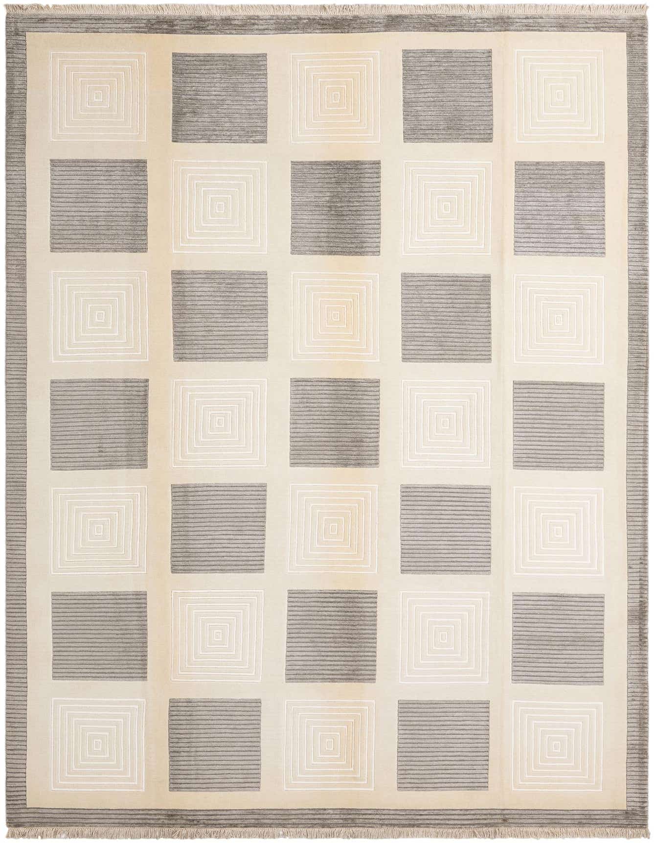 A modern 8x12 rectangular wool rug featuring a grid of alternating cream squares with concentric white lines and brown squares with horizontal stripes.