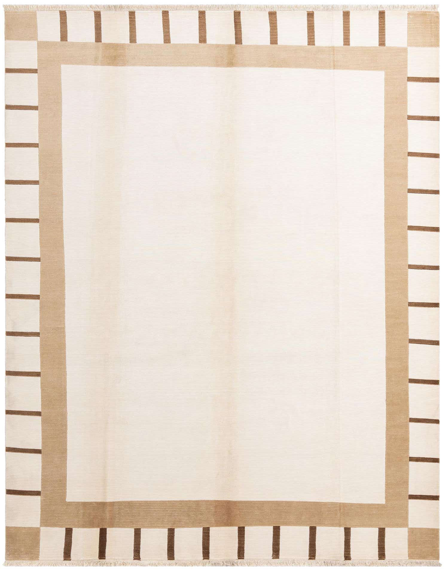 A 10x13 rectangular Darya rug with a cream center and a modern brown and tan striped border.
