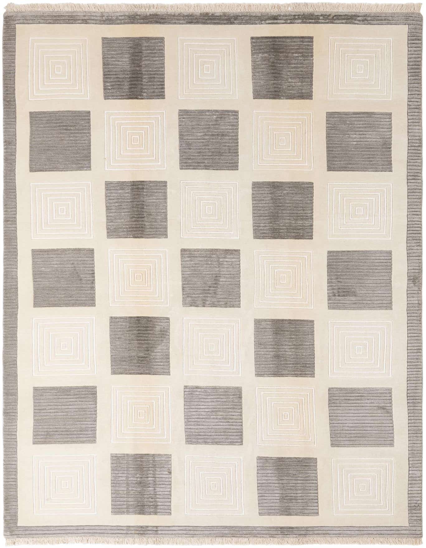 A 6x9 rectangular Darya wool rug featuring a modern geometric pattern of alternating brown striped squares and ivory concentric squares.