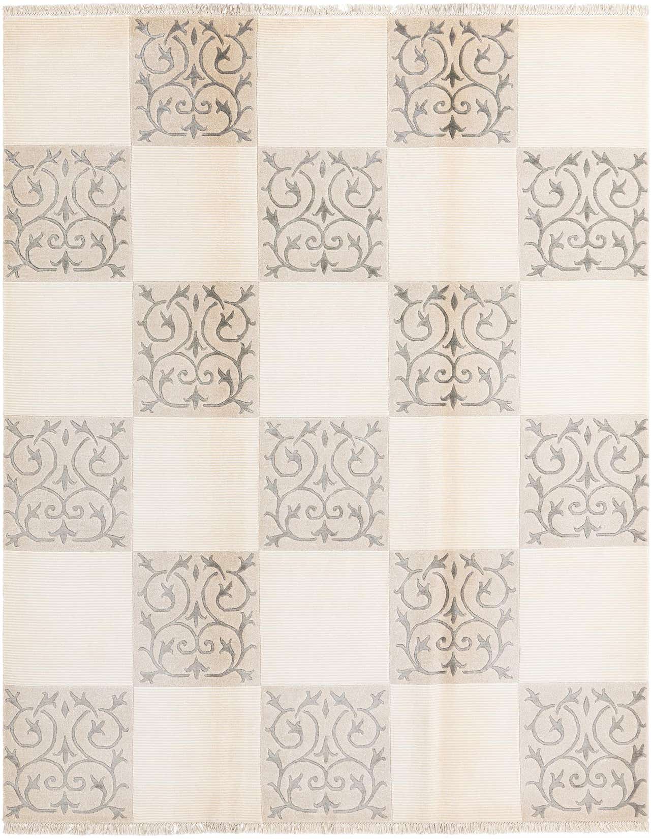 A 7x10 rectangular Darya rug with a checkerboard pattern in ivory and tan, featuring ornate oriental motifs in the tan squares.