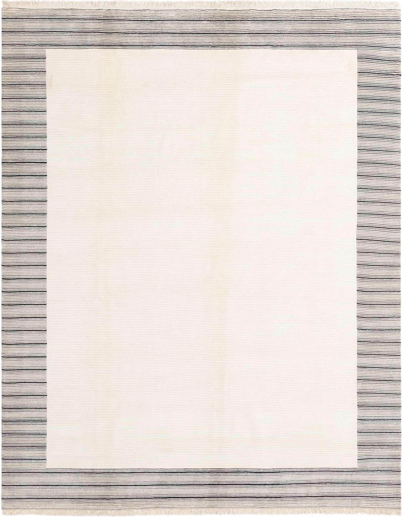 An 8x10 rectangular Darya rug with a cream center and a modern striped border in various brown and tan shades.