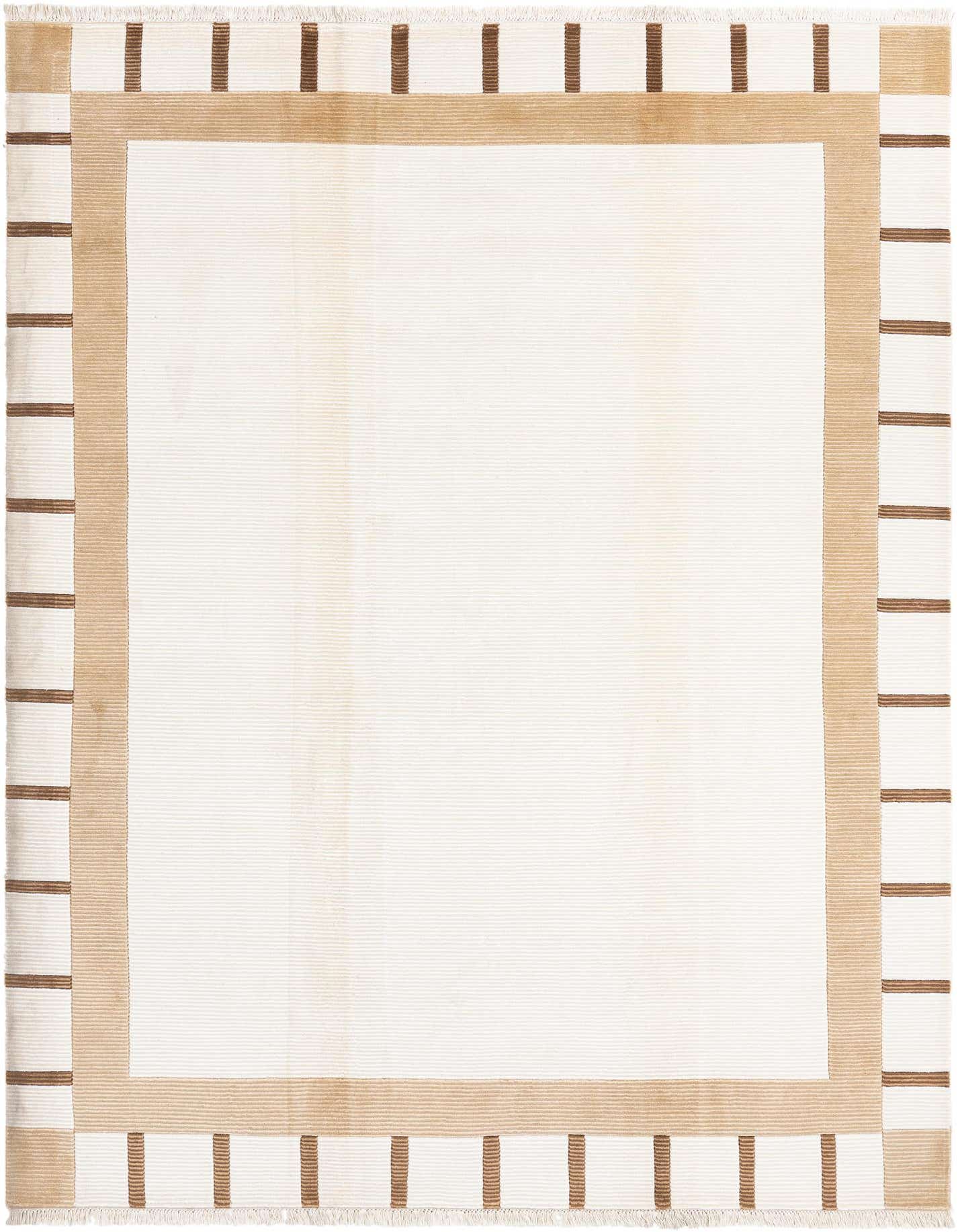 A 7x10 rectangular Darya rug with a cream center and a wide tan border featuring brown vertical stripes.