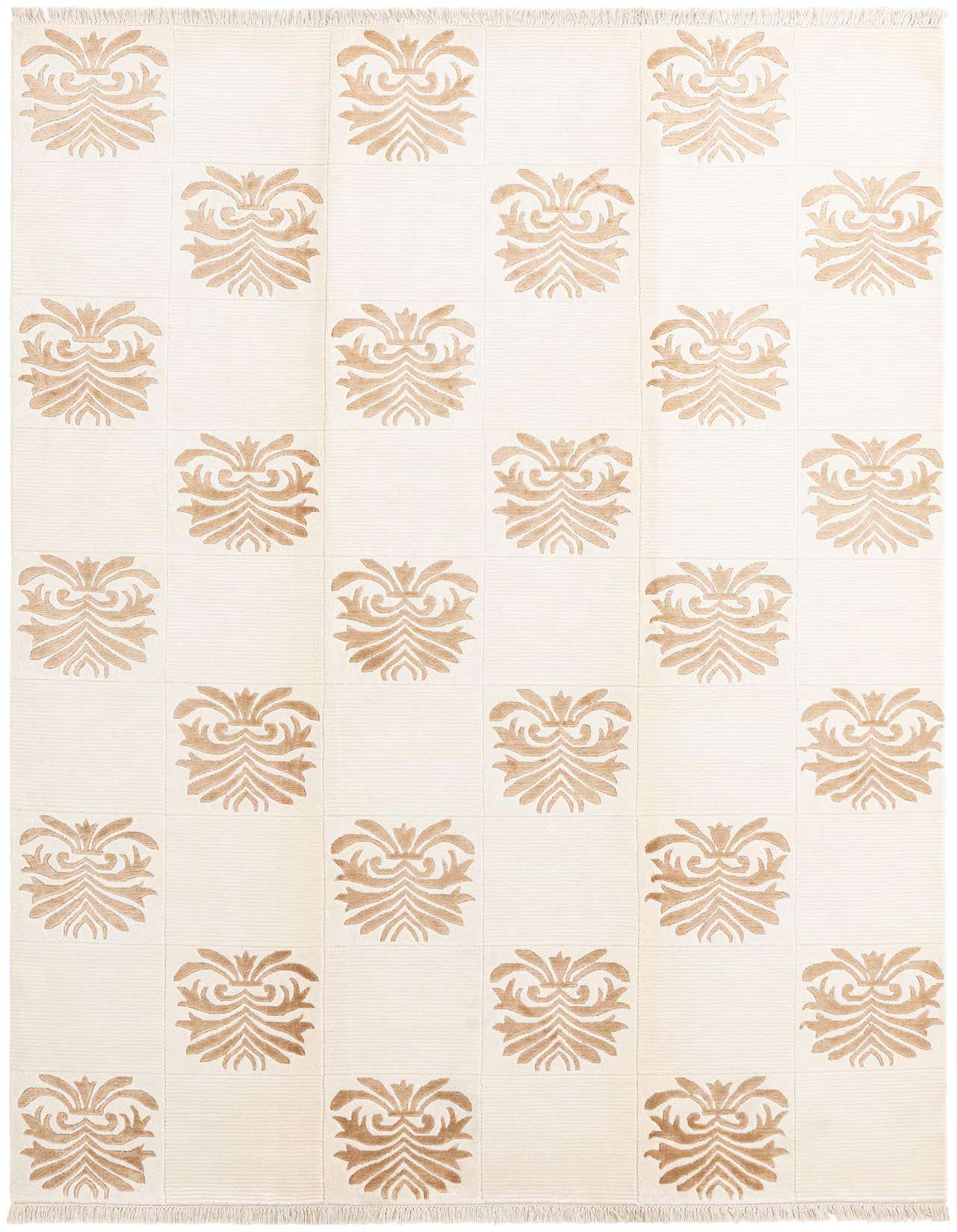 A 7x10 rectangular Darya rug with a modern oriental pattern in brown and ivory, featuring repeating ornate motifs.