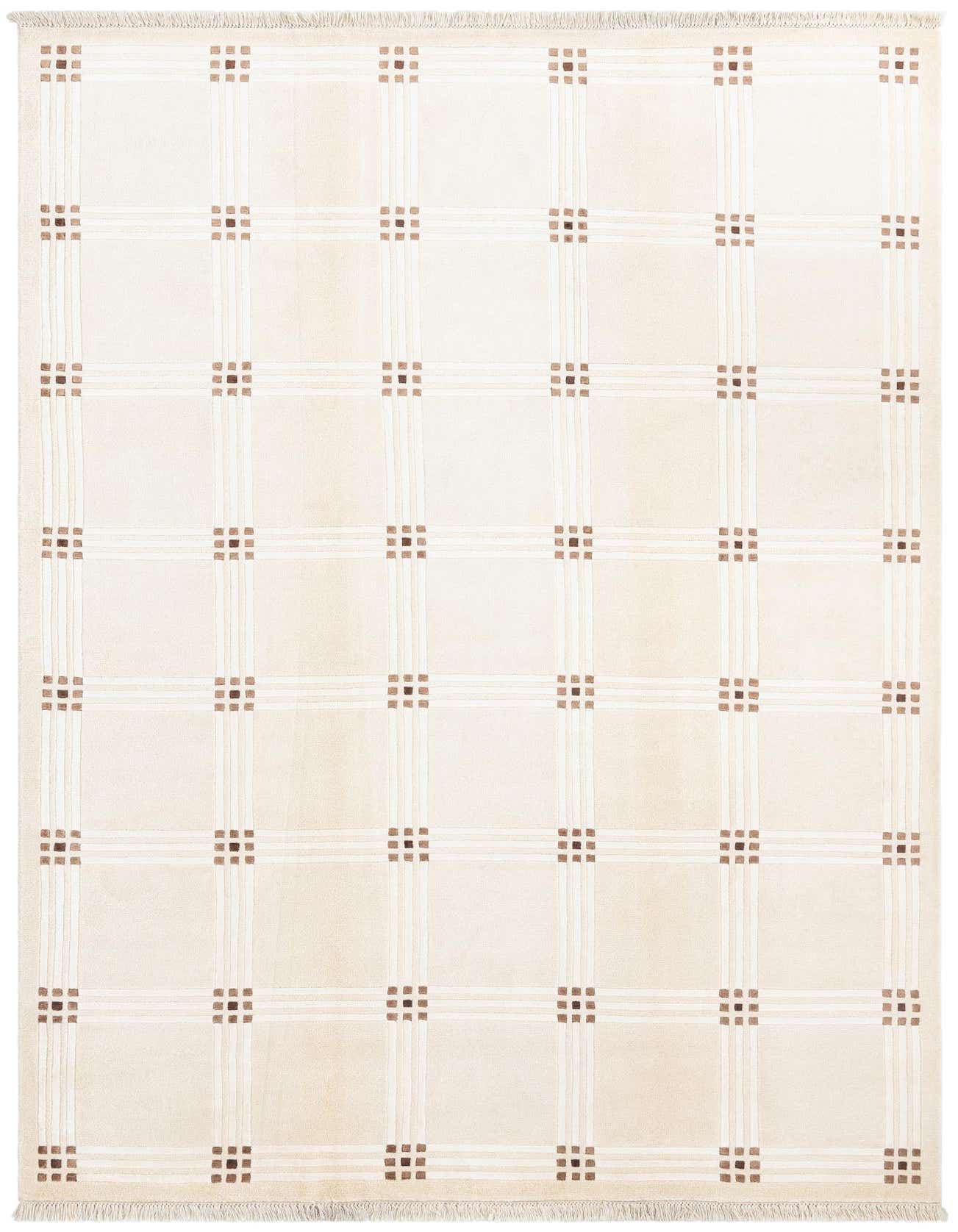 A 7x10 rectangular Darya rug with a modern grid pattern in shades of brown and ivory, suitable for a living room.