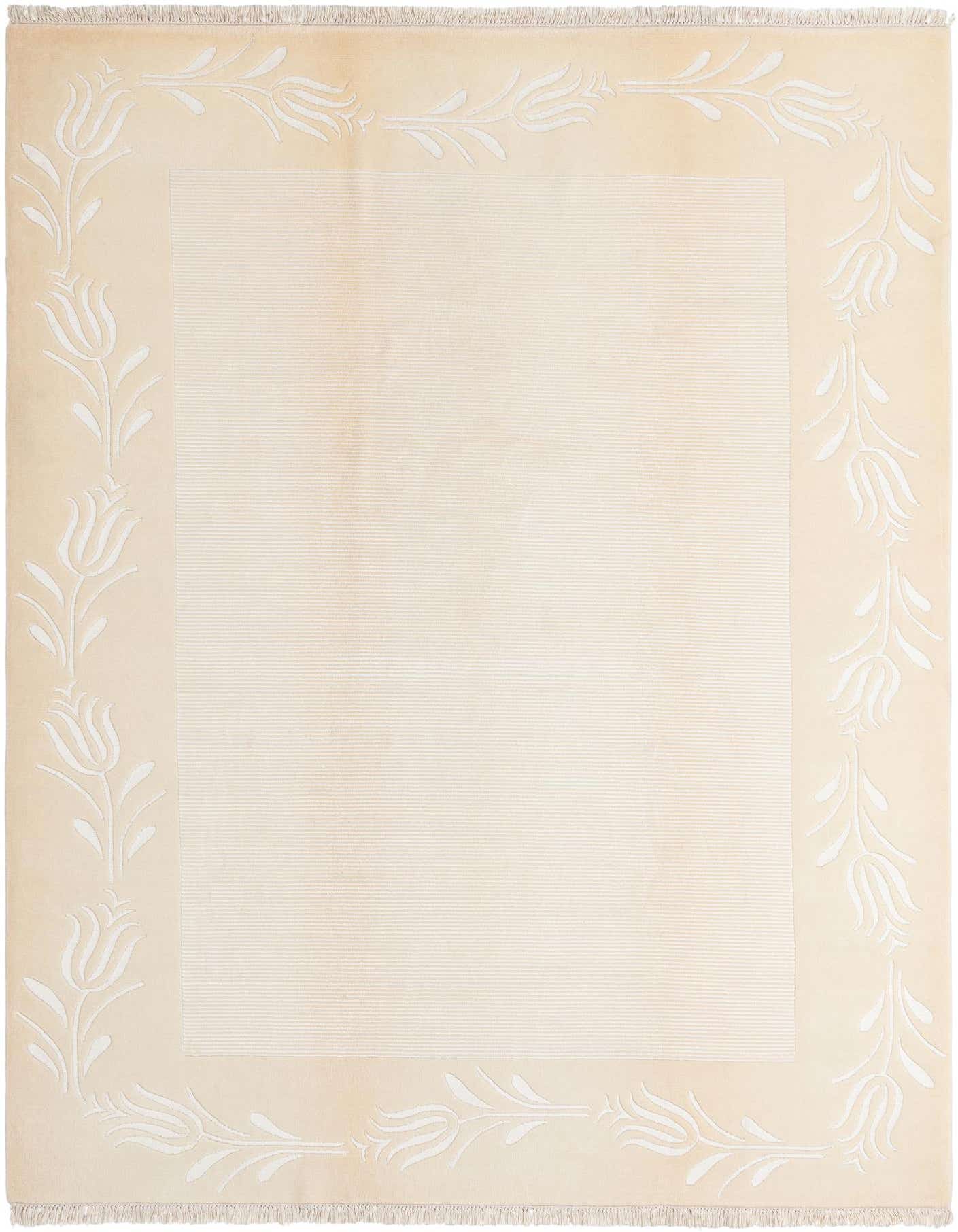 A 7x10 rectangular Darya rug in warm ivory and tan, featuring a modern oriental floral border with tulip-like motifs.