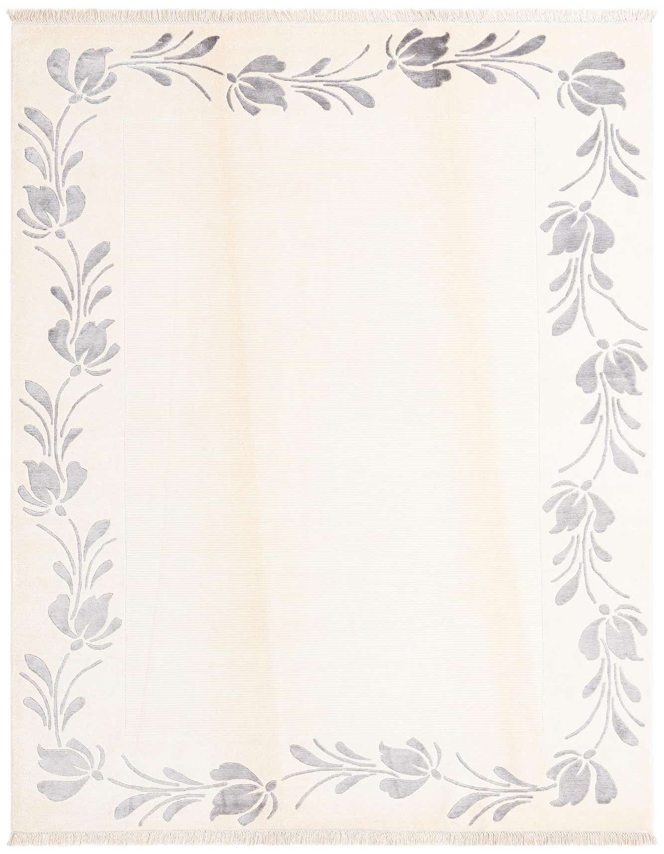 A 7x10 rectangular Darya rug with a cream field and a border of elegant gray floral motifs, ideal for a living room.