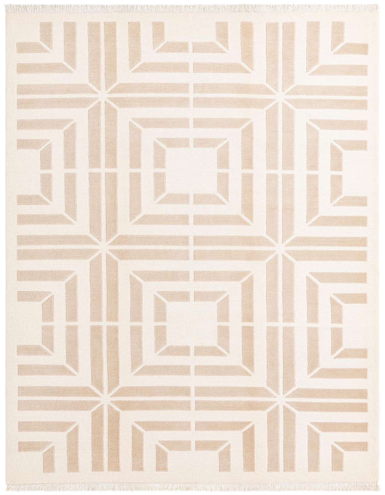 A 7x10 rectangular Darya rug with a modern geometric pattern in brown and ivory, suitable for a living room.