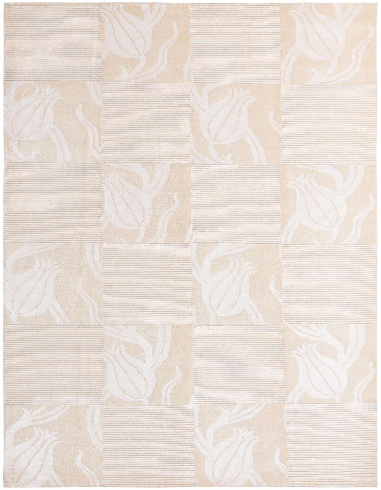 A 7x10 rectangular Darya rug in shades of brown and ivory, featuring a modern oriental pattern of alternating floral and striped squares.