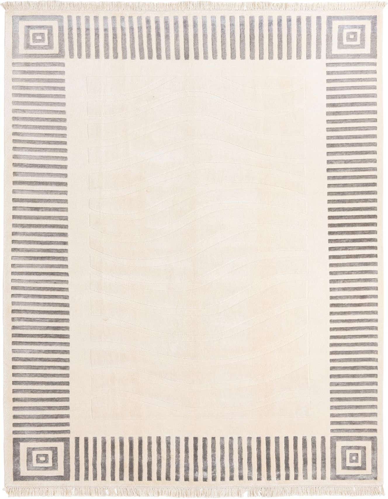 A 7x10 rectangular Darya rug with an ivory field and a modern gray striped border with square corner accents.