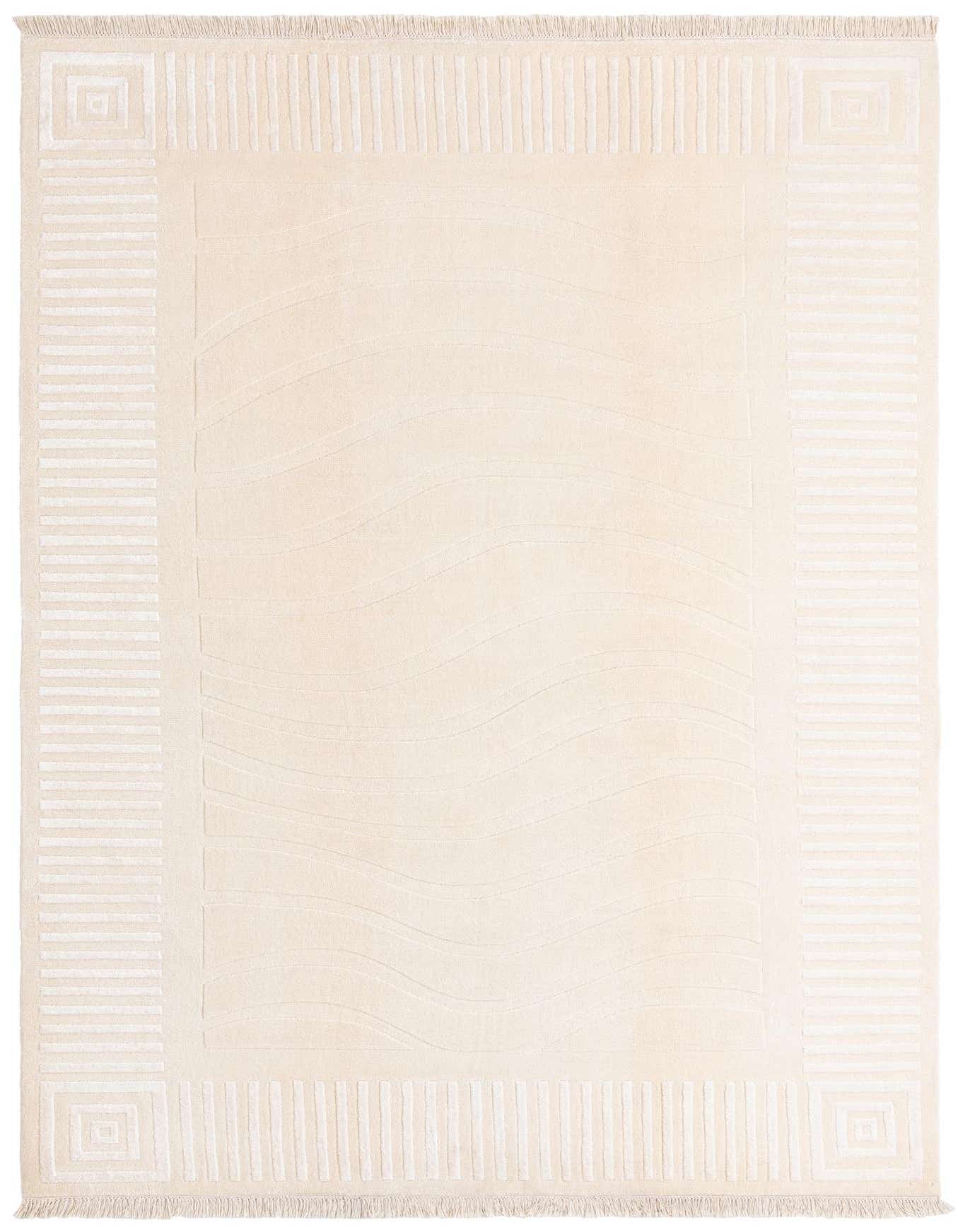 A 7x10 rectangular Darya rug in cream and tan wool, featuring a modern oriental pattern with a subtle wavy center and geometric border.