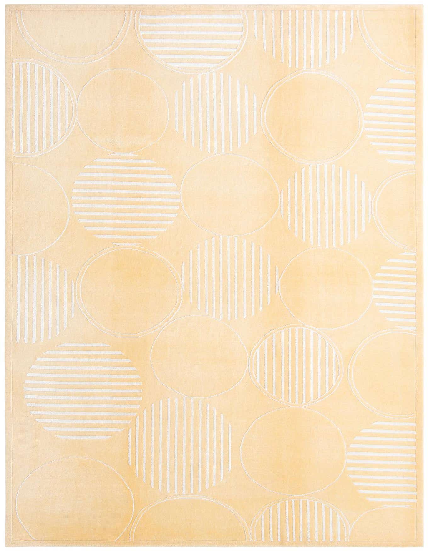 A 7x10 rectangular Darya rug with a modern geometric pattern of solid and striped circles in brown and ivory.