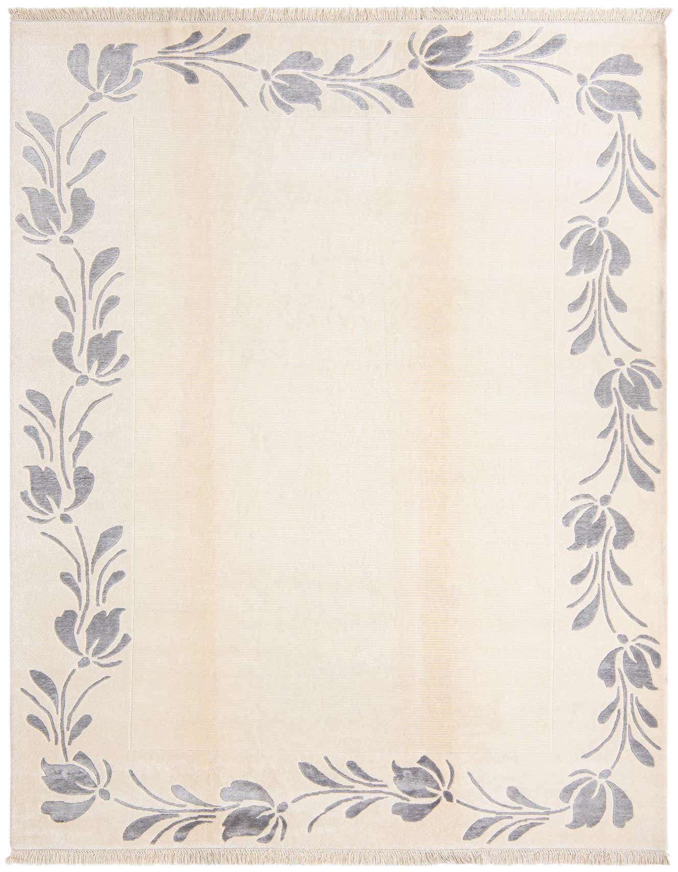 A 7x10 rectangular Darya rug in cream with a modern oriental floral border in gray, perfect for a living room.