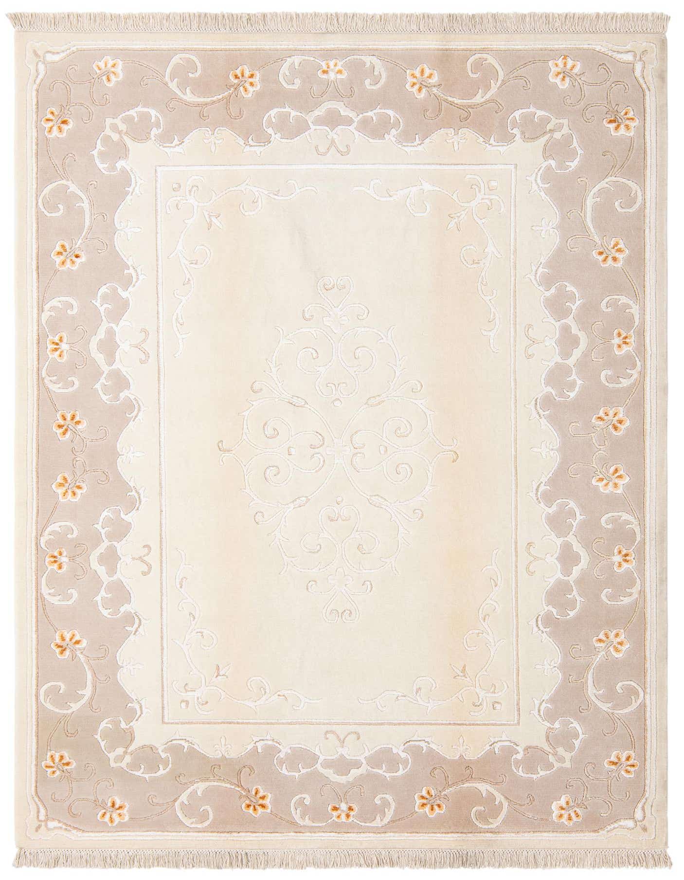 A 5x8 rectangular Darya rug with a cream center and a light brown border featuring intricate floral and scroll patterns.