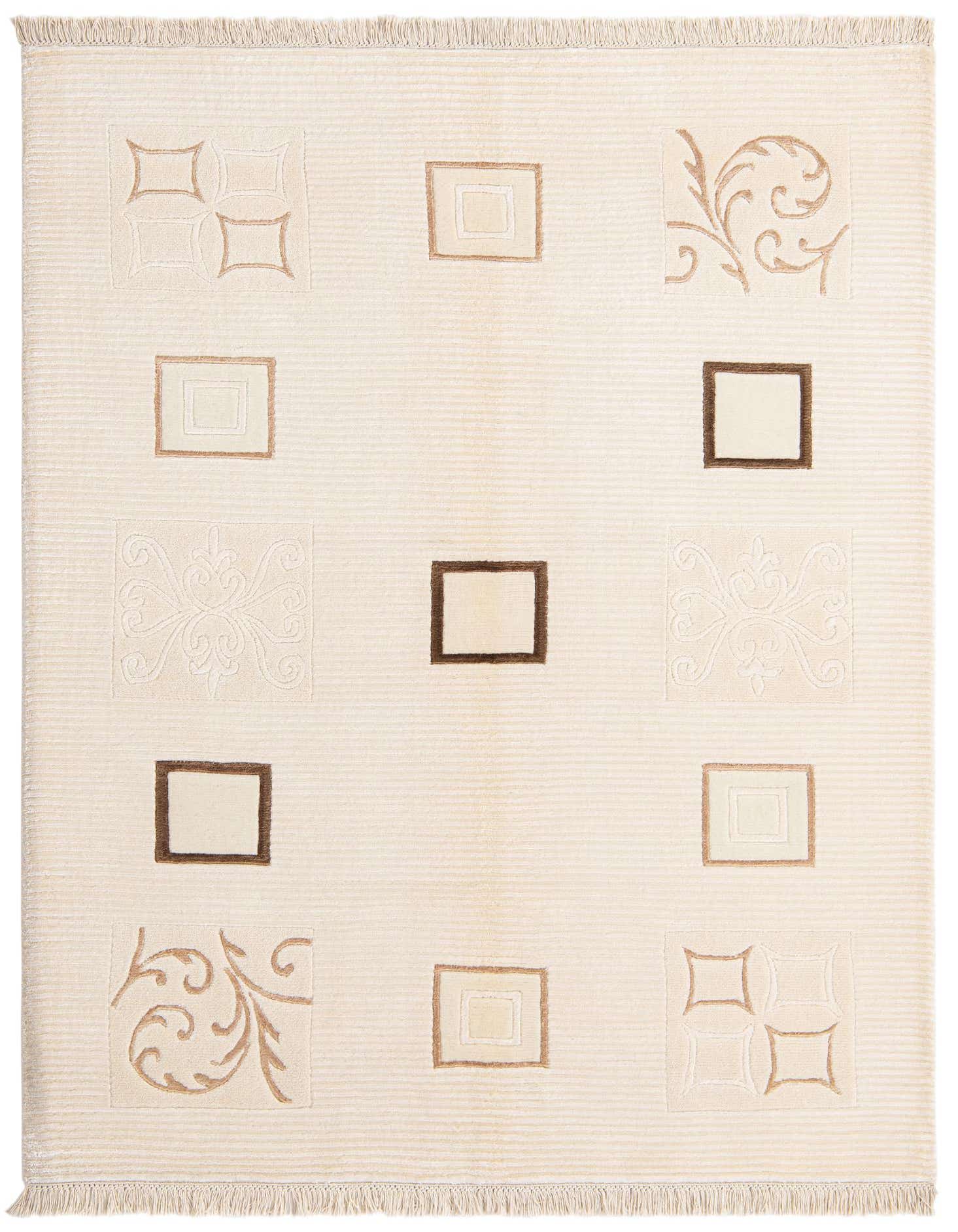 A 4x6 rectangular Darya rug in cream and brown wool, featuring a modern oriental pattern of alternating geometric squares and ornate floral motifs.