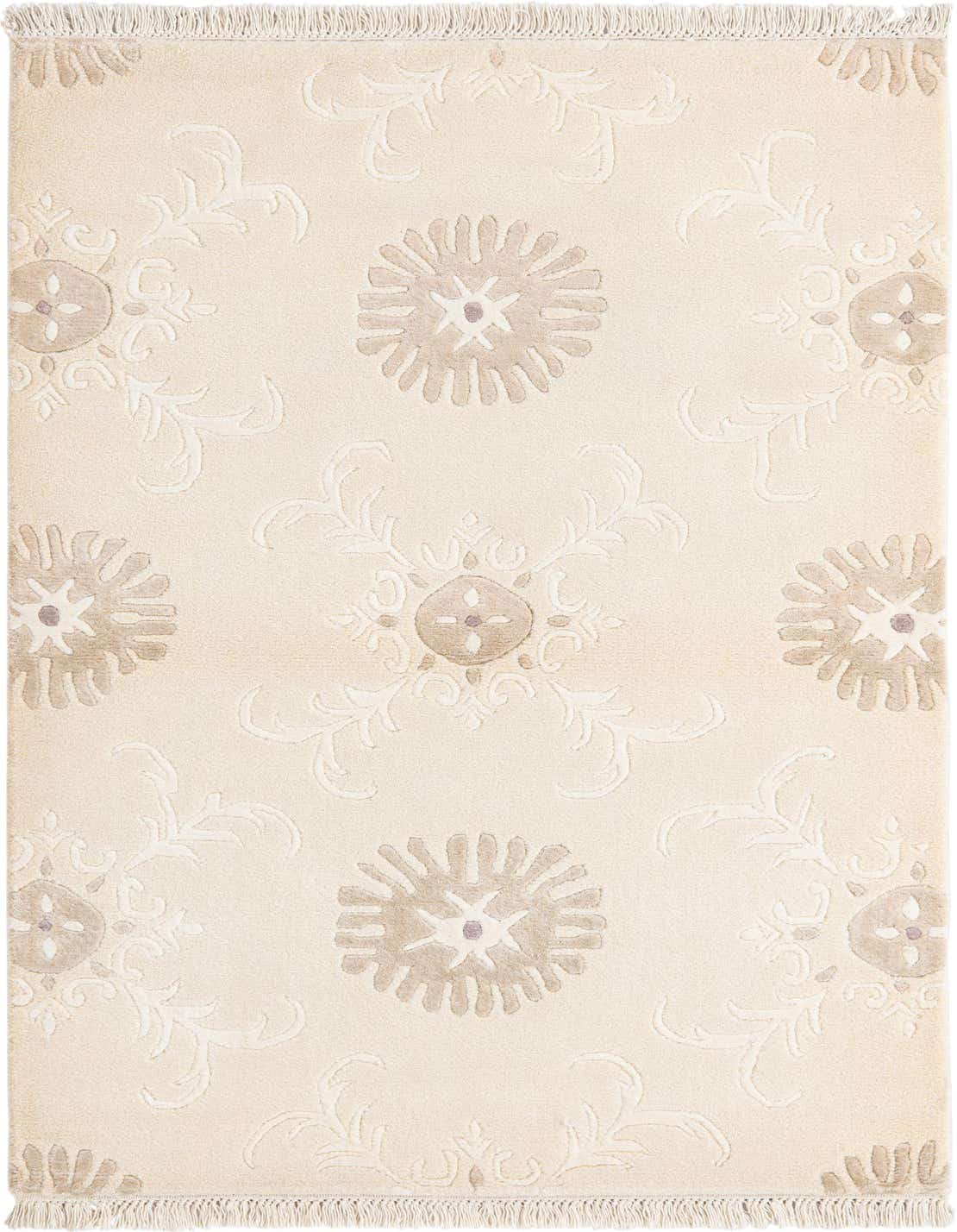 A 3x5 rectangular Darya rug in cream and tan wool with an oriental floral pattern and fringe.