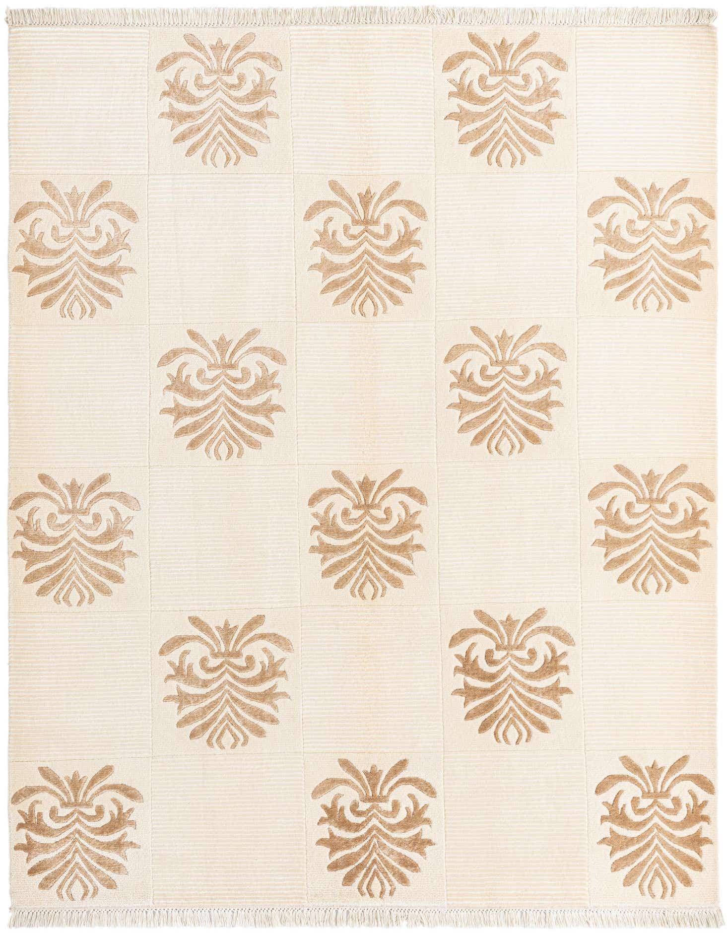A 5x8 rectangular Darya rug with a modern oriental pattern in cream and tan, featuring high pile and fringe.