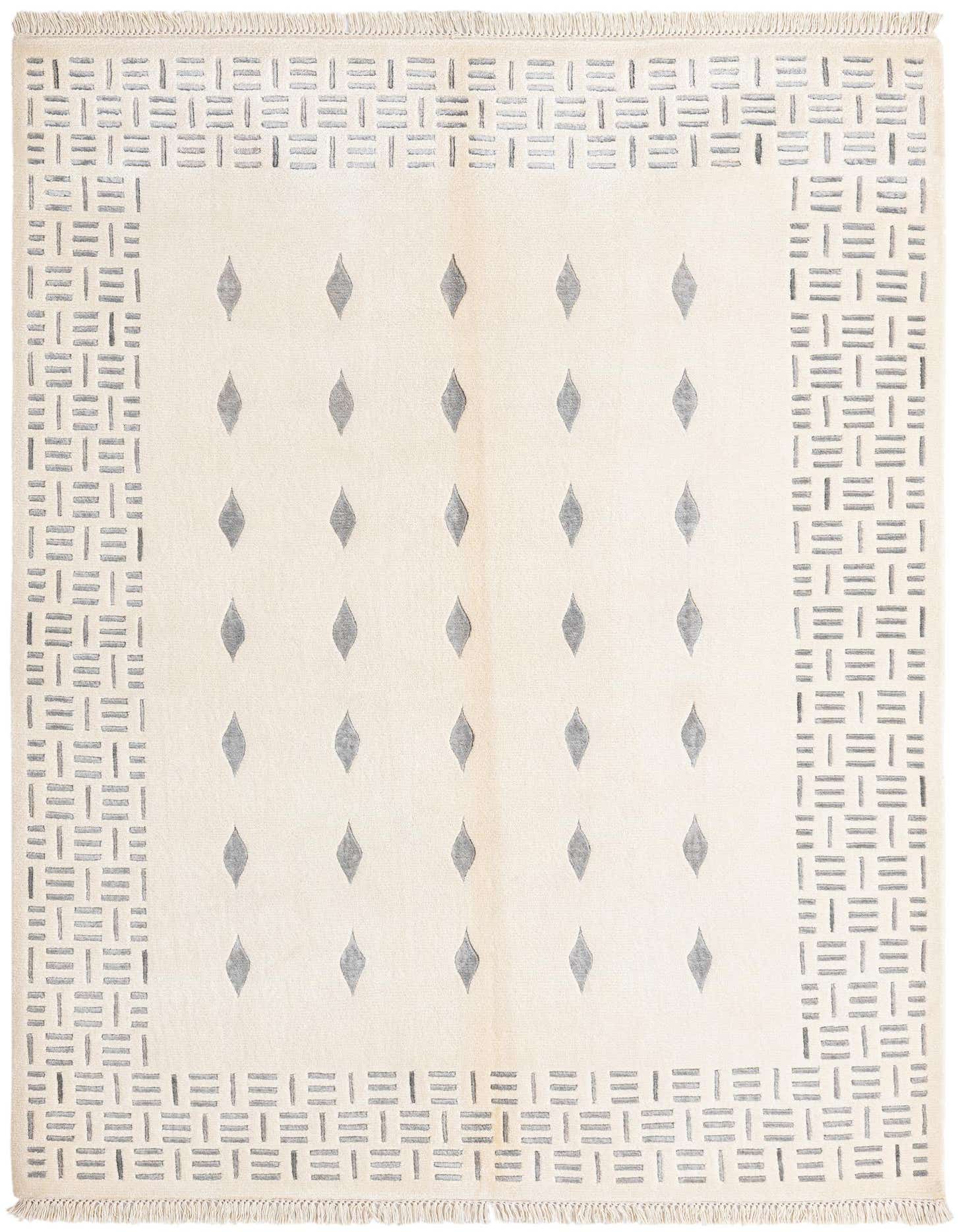 A 5x8 rectangular Darya rug with a cream field, gray diamond pattern, and gray geometric border.