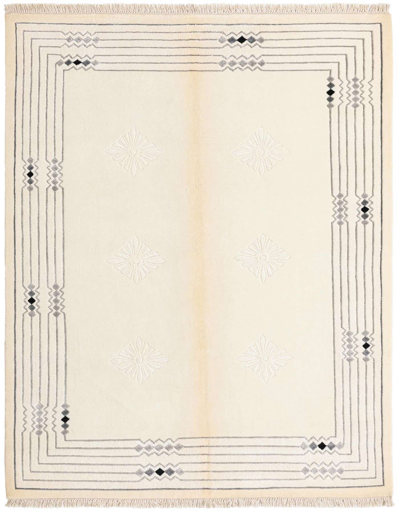 A 4x6 rectangular Darya rug in cream and brown wool, featuring a modern oriental border with geometric patterns and subtle floral motifs in the center.