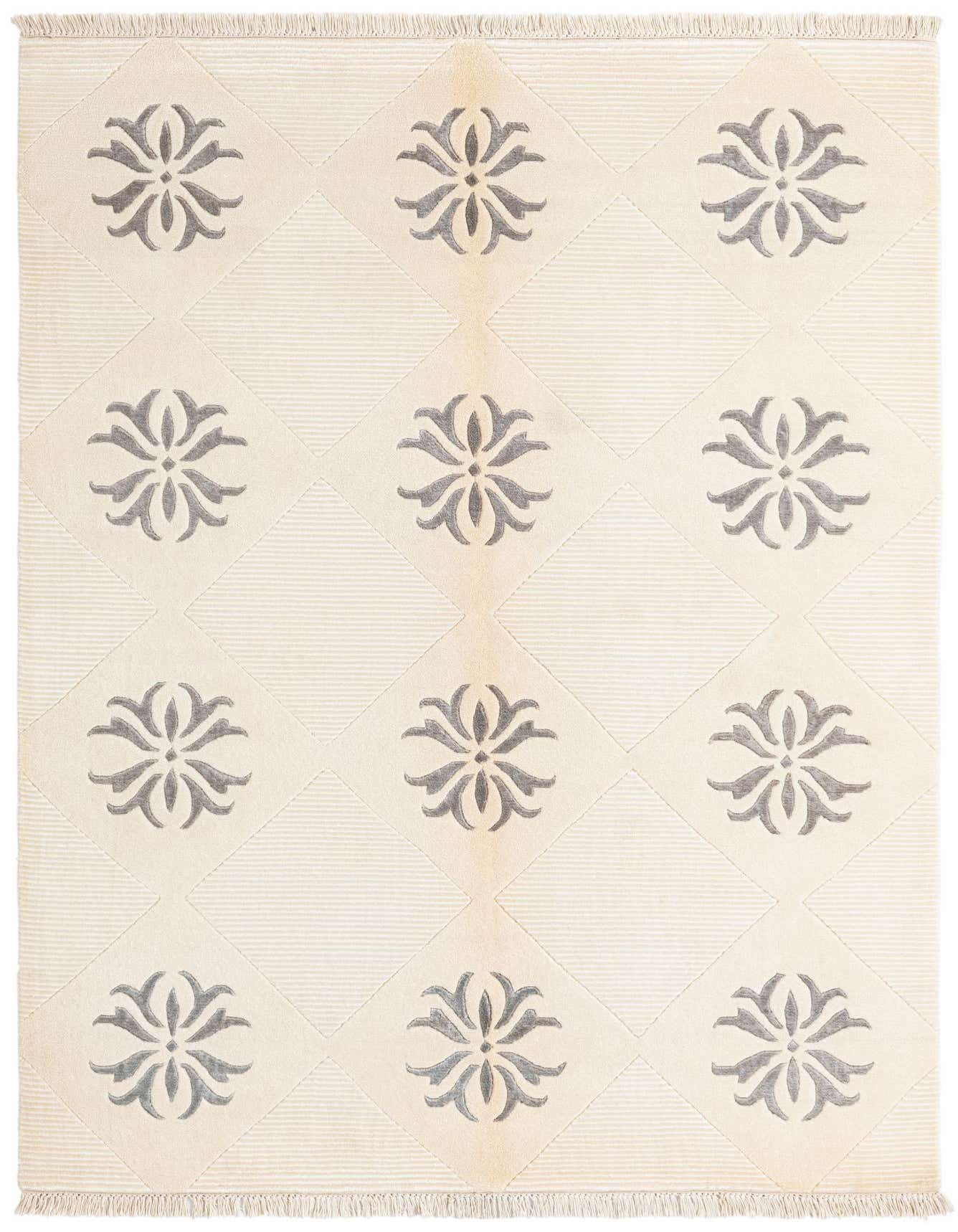 A 4x6 rectangular Darya rug in cream and brown, featuring an oriental floral pattern within a modern geometric grid.