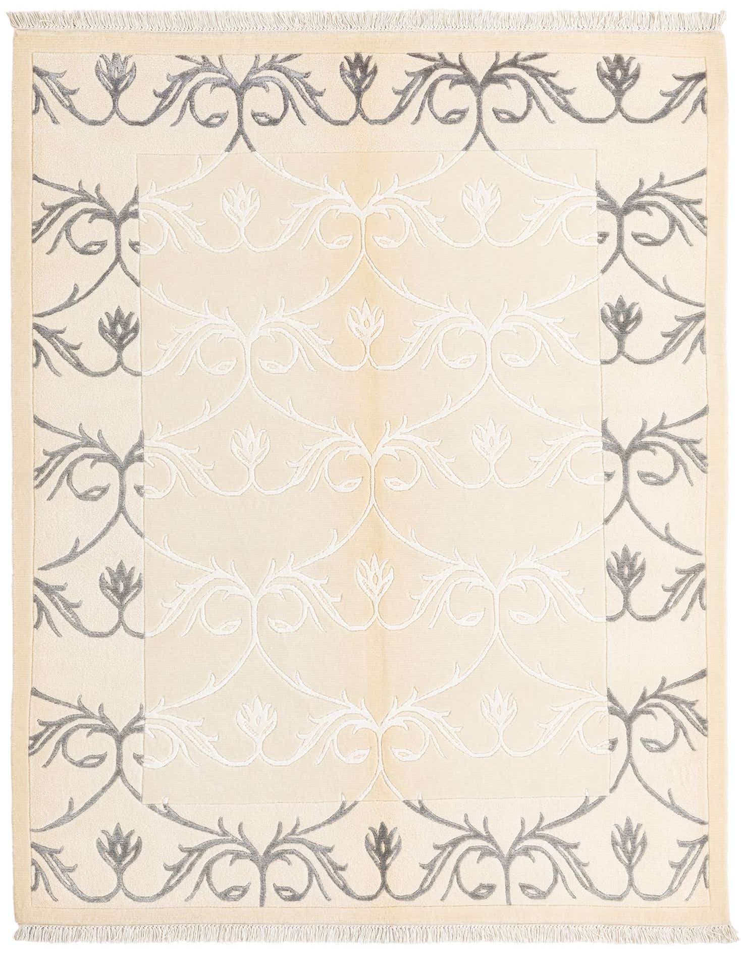 A 4x6 rectangular Darya rug with a cream center and an ivory and gray modern oriental pattern.