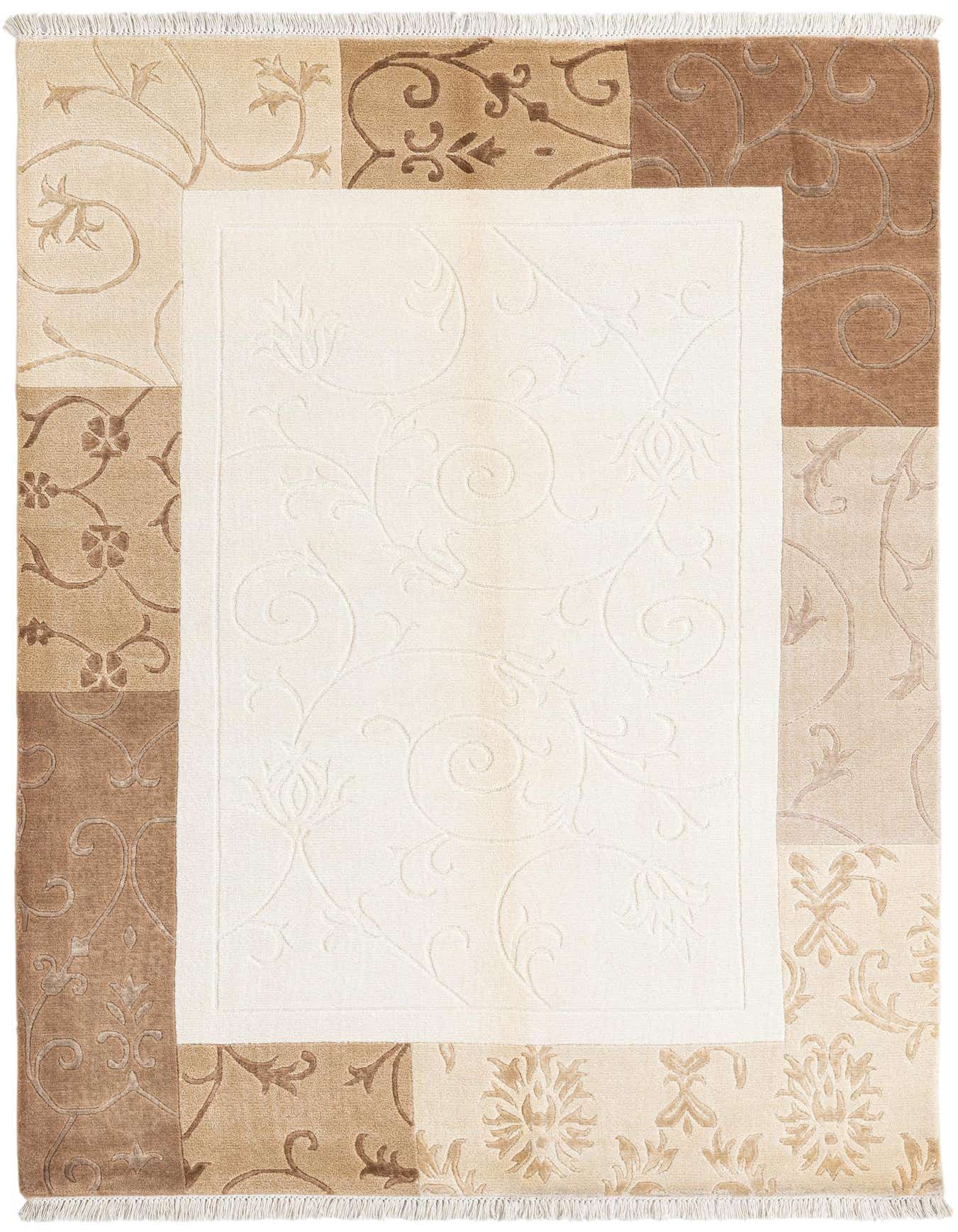 A rectangular 5x8 Darya rug featuring a modern oriental pattern in shades of brown, tan, and cream, with a high pile.