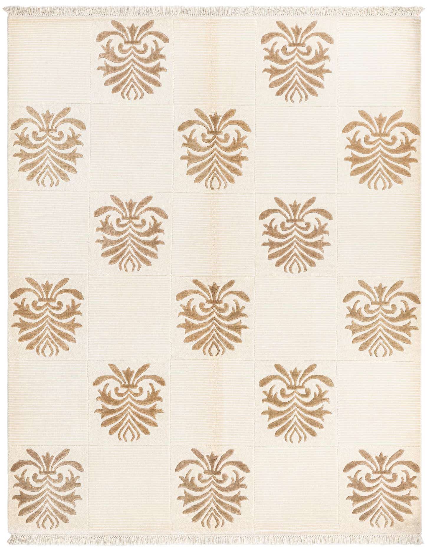 A 4x6 rectangular Darya rug with a modern oriental pattern in cream and tan, featuring high pile.