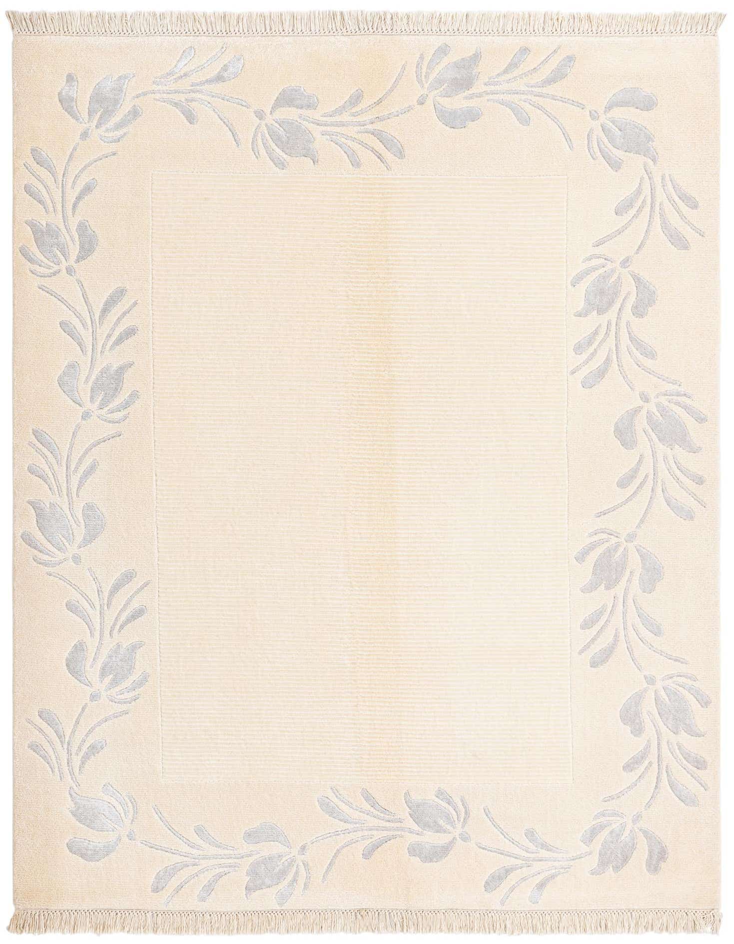 A 5x8 rectangular Darya rug in cream and light brown with an elegant floral border pattern and short fringes.