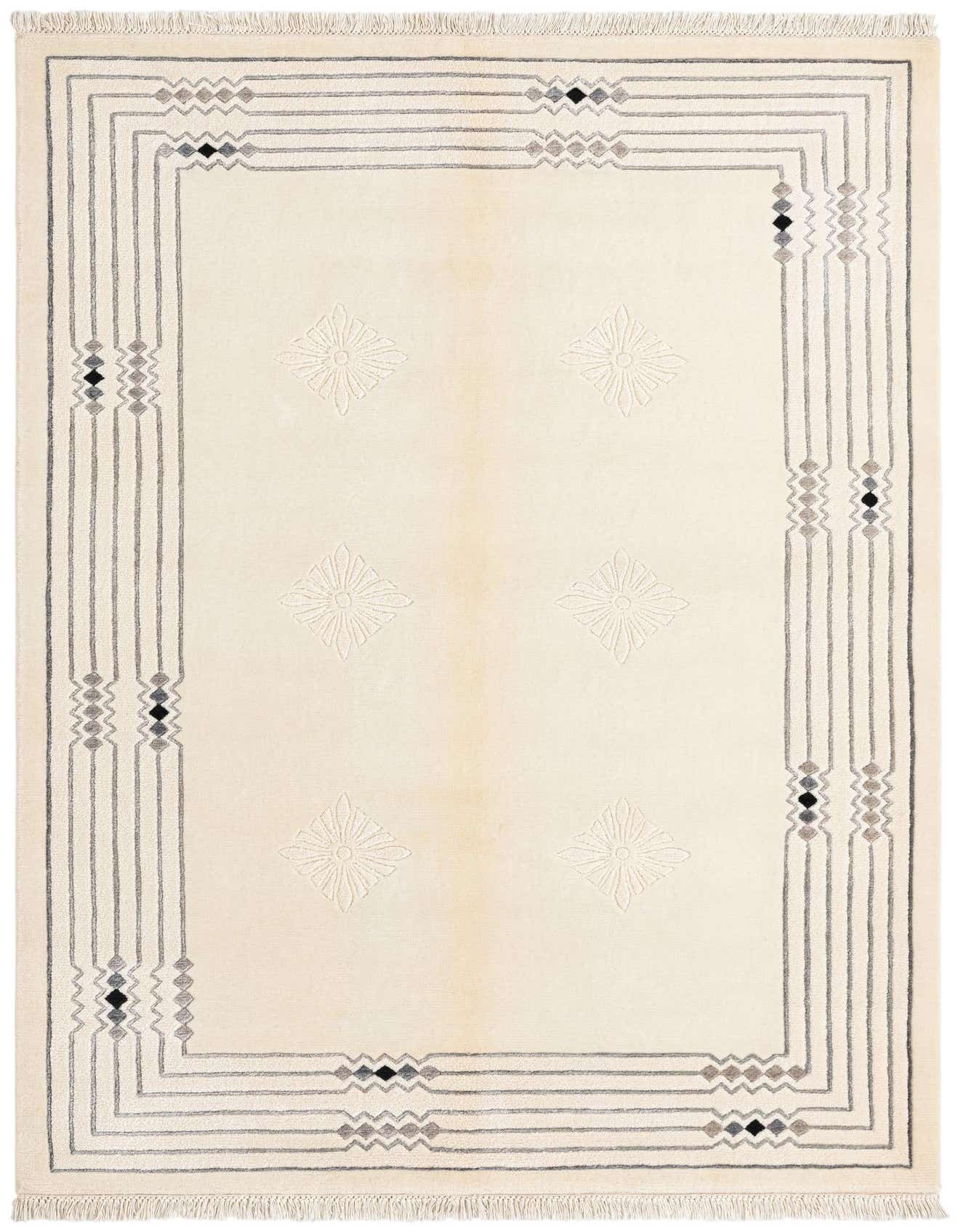 A 4x6 rectangular Darya rug with a cream field and brown geometric border, featuring subtle floral motifs.
