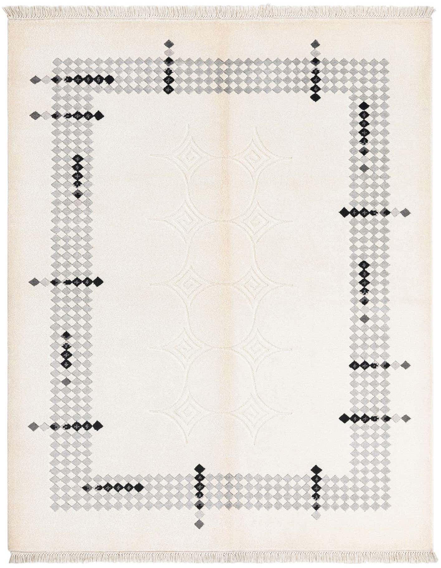 A 4x6 rectangular Darya rug with a cream field and a modern geometric border in varying shades of brown and tan.