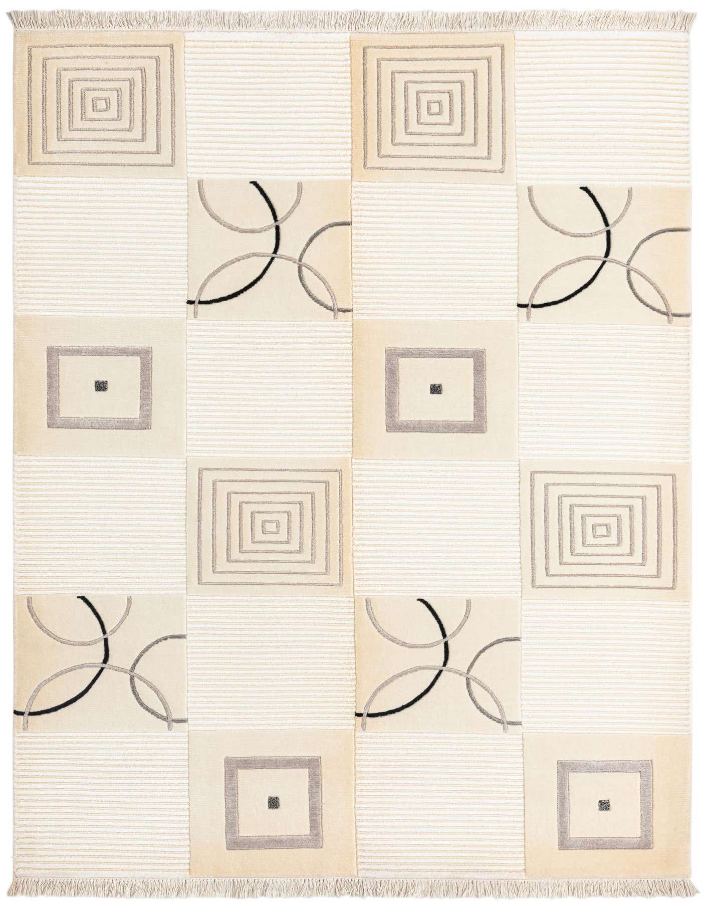 A 5x8 rectangular wool rug with a modern geometric pattern in cream, tan, and brown, featuring squares and interlocking circles.