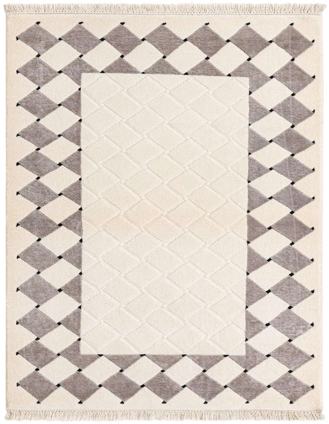 A 3x5 rectangular wool rug featuring a cream central panel with a subtle basketweave texture, framed by a border of alternating cream and brown diamonds with small black accents.