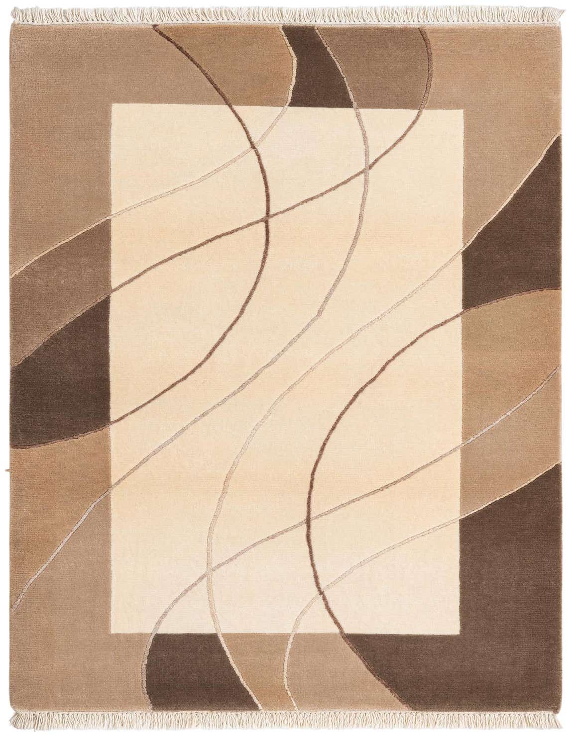 A 3x5 rectangular Darya rug with a modern abstract pattern in shades of brown, tan, and ivory, featuring curved lines and geometric shapes.