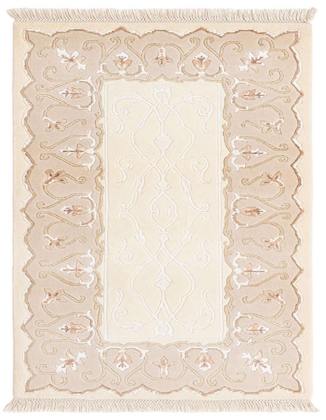 A 3x5 rectangular Darya rug with a cream center and a tan border featuring intricate brown and ivory floral patterns.
