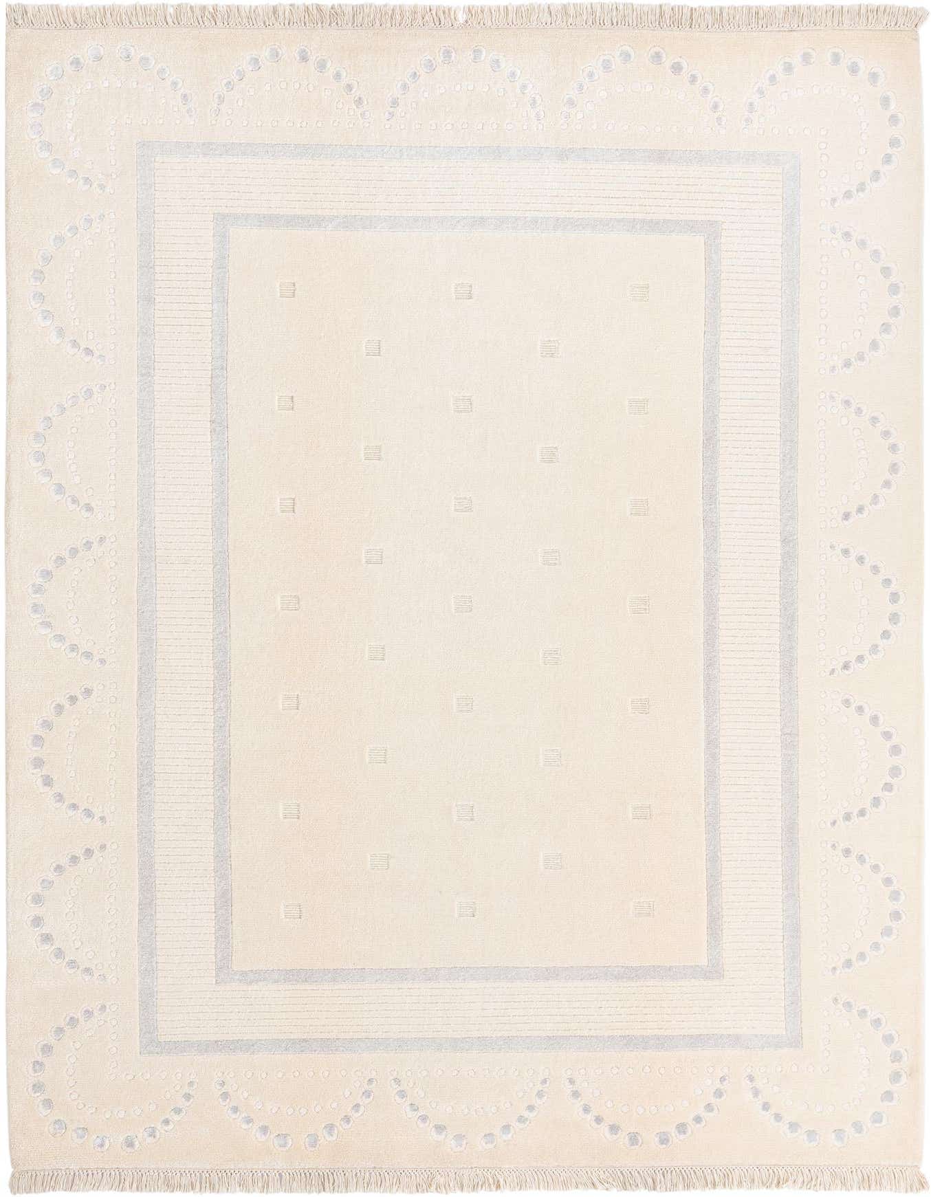 A 5x8 rectangular Darya rug in cream and light brown with a modern oriental pattern, featuring a central field of small squares and a scalloped border of dots.
