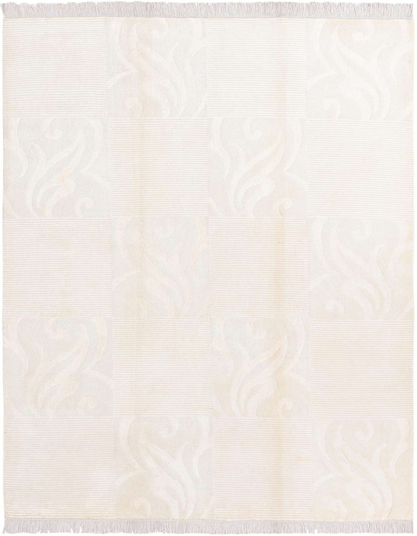 A 5x8 rectangular Darya rug in cream and tan with alternating modern striped and oriental swirl patterns, featuring a high pile and fringed ends.