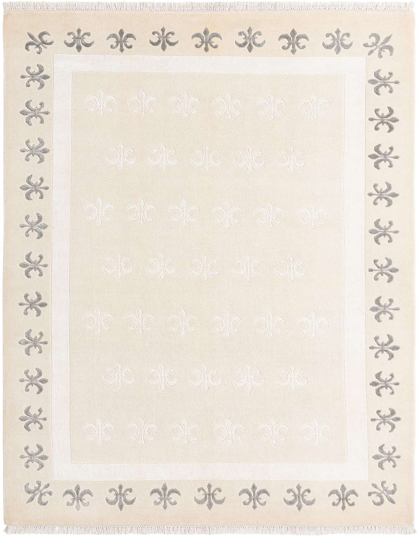 A 5x8 rectangular Darya rug in cream and tan wool, featuring a border of gray fleur-de-lis motifs and a field of lighter cream fleur-de-lis patterns.