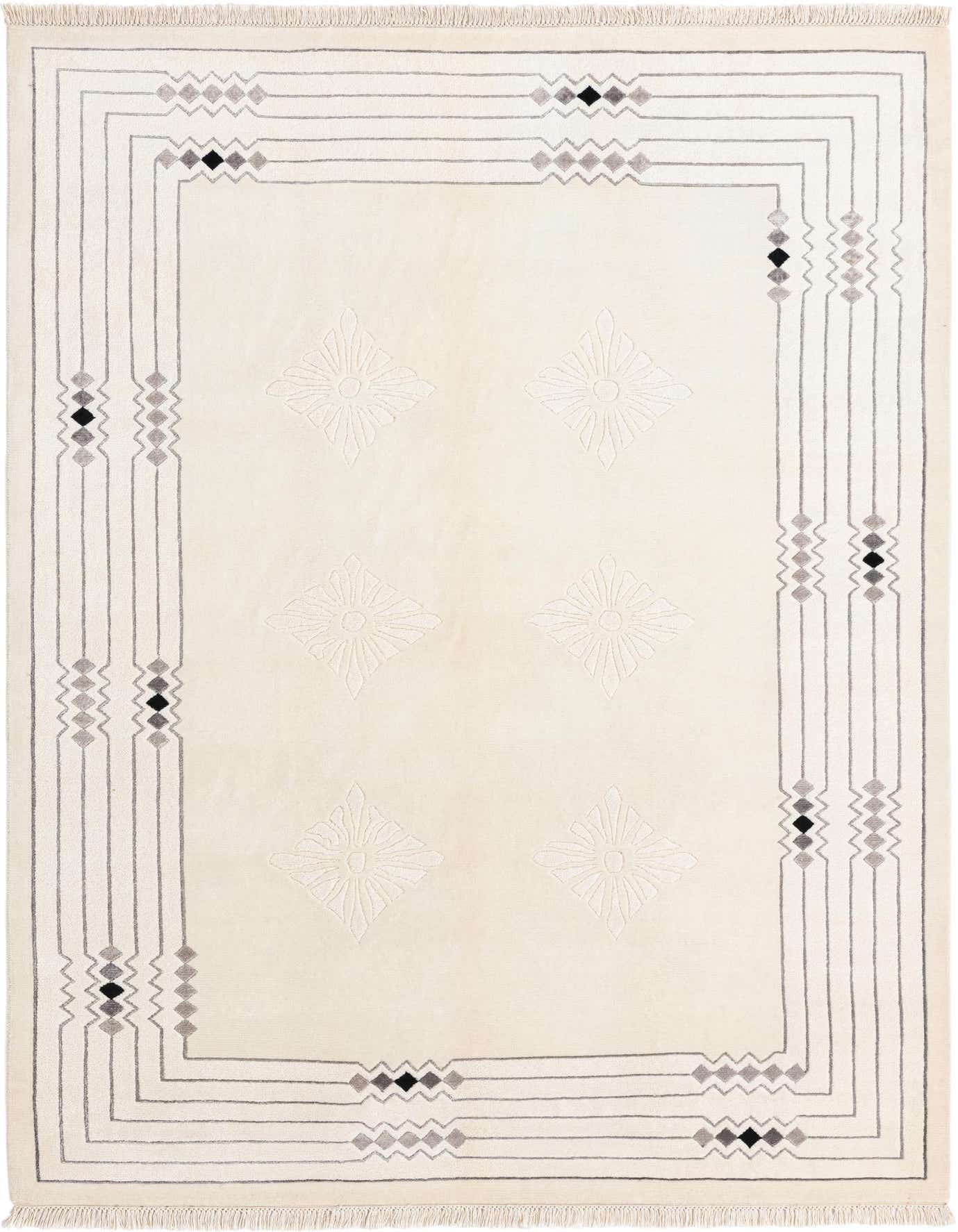 A 5x8 rectangular Darya rug with an ivory field, featuring subtle floral medallions and a modern brown and grey geometric border.