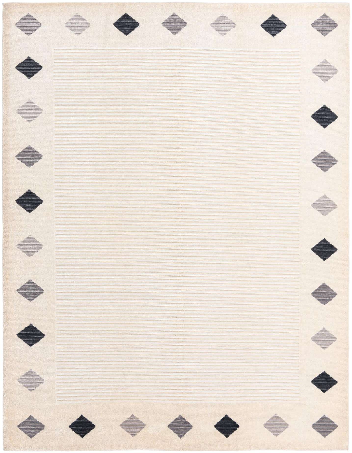 A rectangular 5x8 Darya rug, featuring a cream field with subtle horizontal stripes and a border of alternating dark brown and light brown diamond patterns.