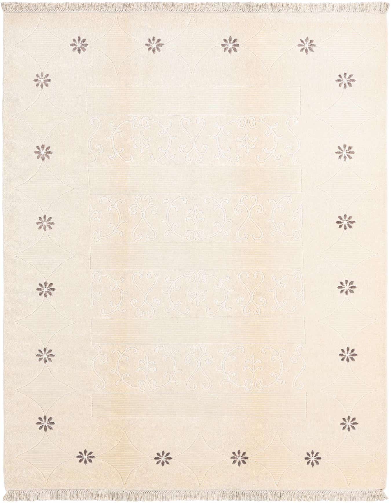 A 5x8 rectangular Darya rug in cream and tan wool, featuring a modern oriental pattern with a floral border.