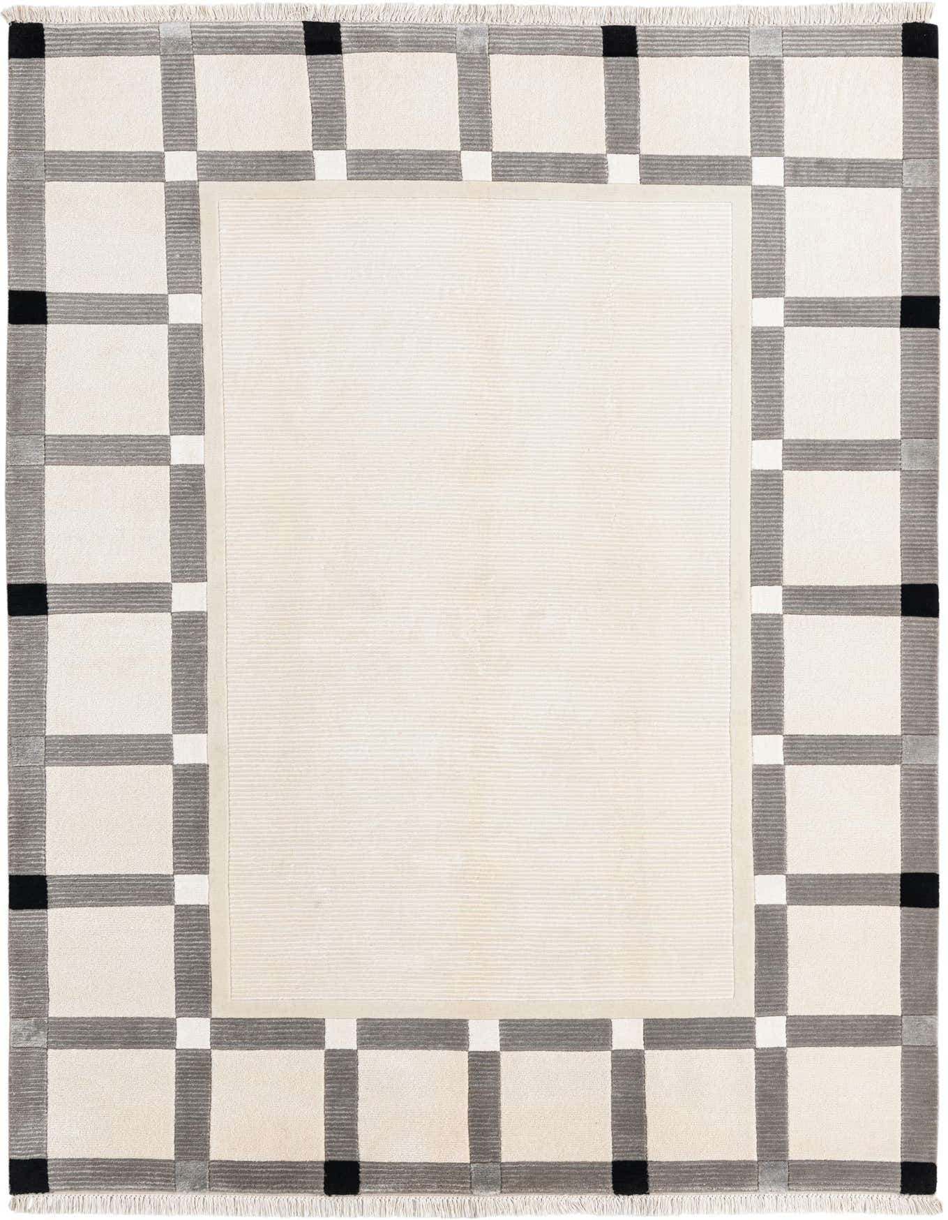A 5x8 rectangular wool rug with a cream center and a modern plaid border in shades of brown, tan, and ivory.