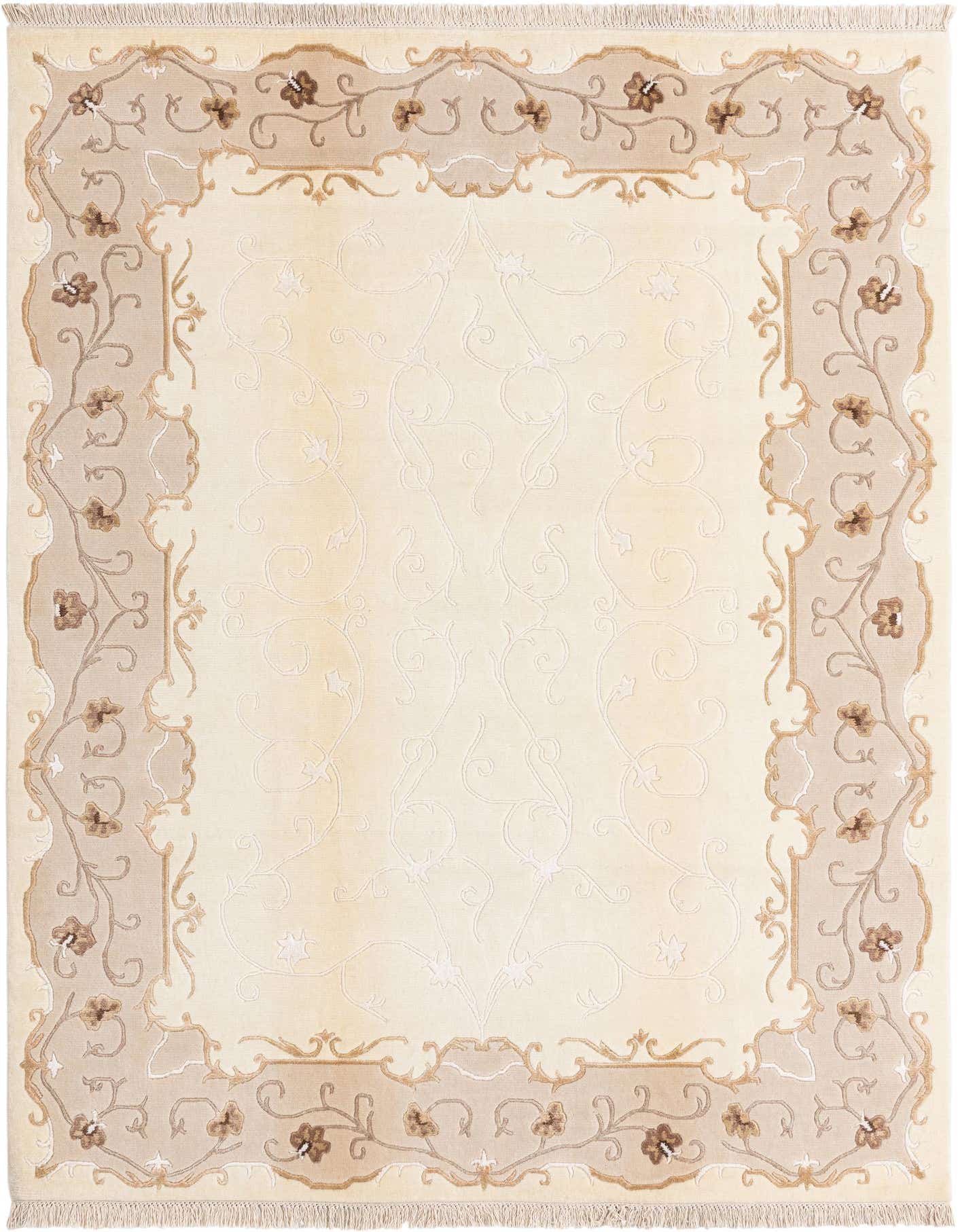 A 5x8 rectangular Darya rug with a cream field and an ornate brown and tan Persian border, ideal for a living room.