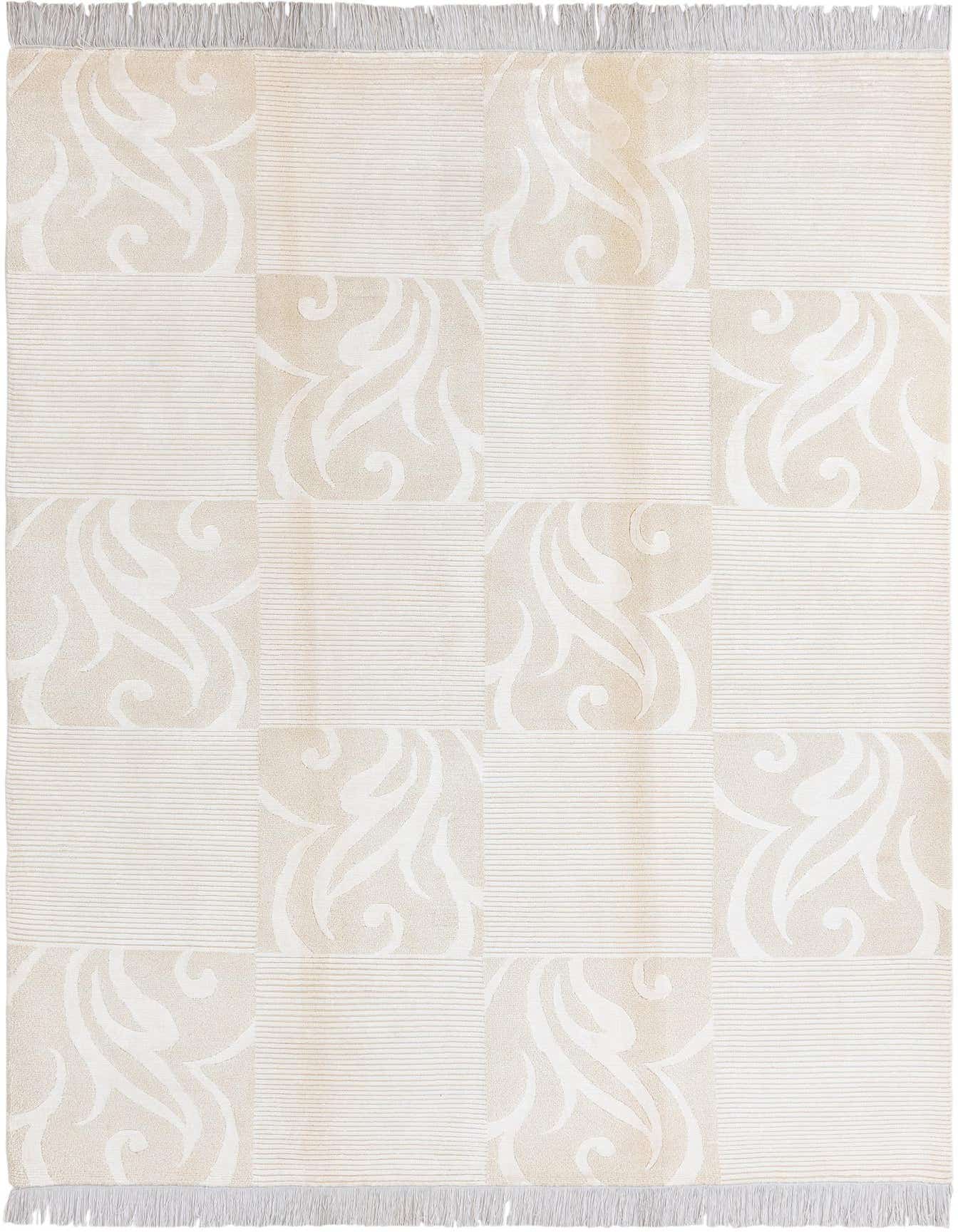 A 5x8 rectangular Darya rug in shades of brown and ivory, featuring a modern Persian pattern of alternating solid striped and ornate floral squares, with fringe.