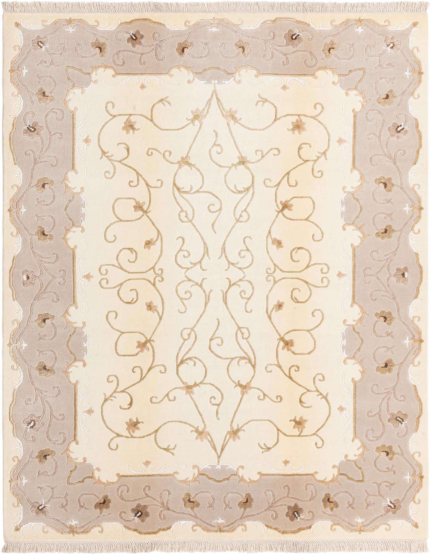 A 5x8 rectangular Darya rug with a cream center and intricate brown floral and vine patterns, bordered by a tan frame with similar designs, suitable for a living room.