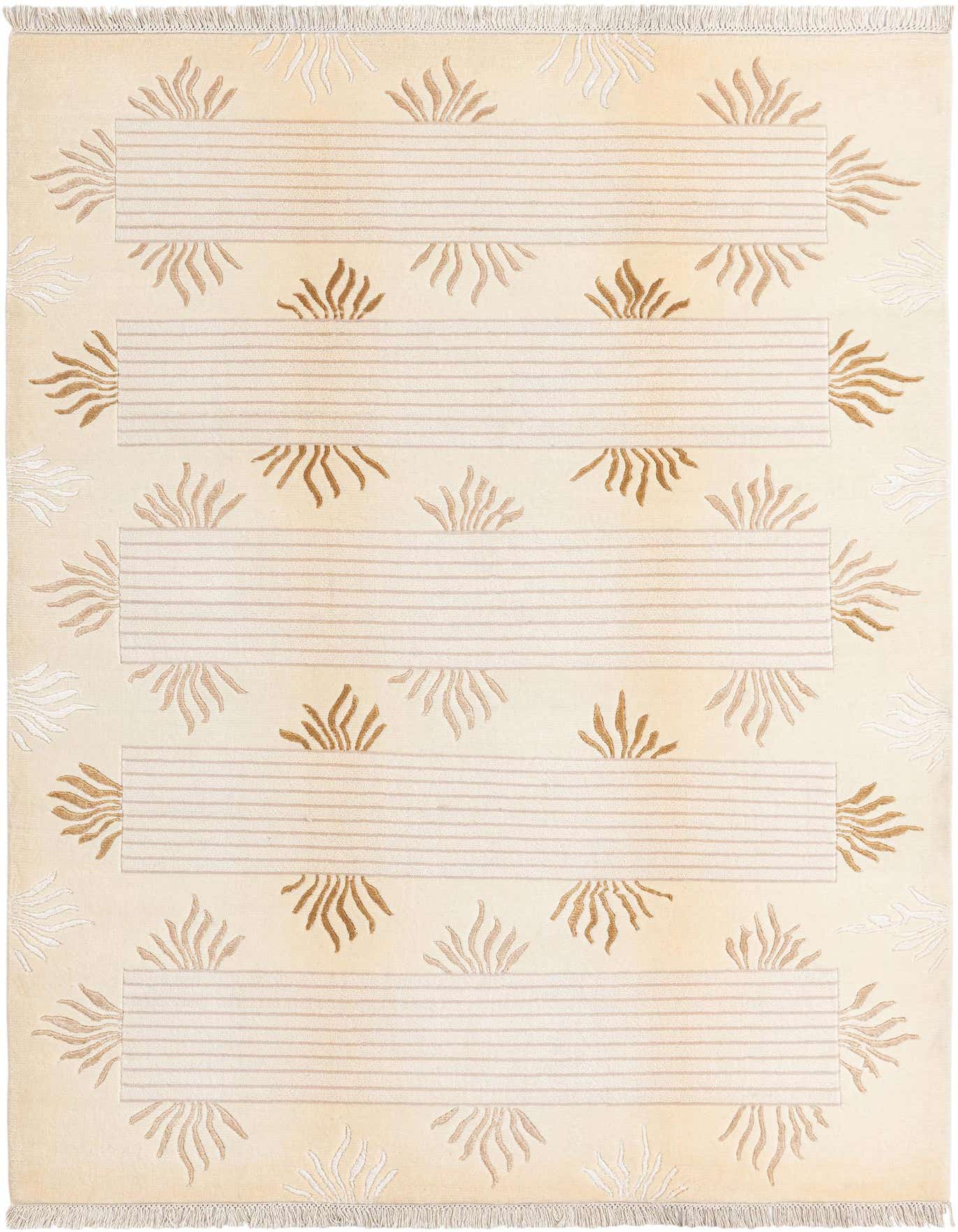 A 5x8 rectangular Darya rug in cream and brown with a modern Persian pattern, featuring horizontal striped bands and abstract organic shapes.