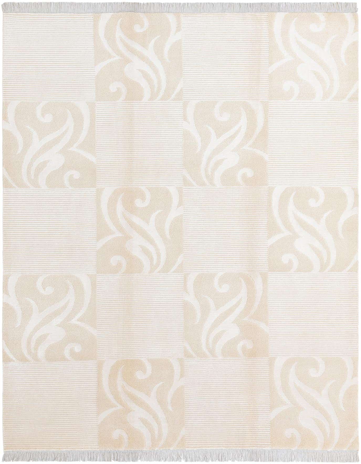 A 5x8 rectangular Darya rug with a modern Persian pattern in alternating squares of ivory scrollwork and tan horizontal stripes, featuring fringed ends.
