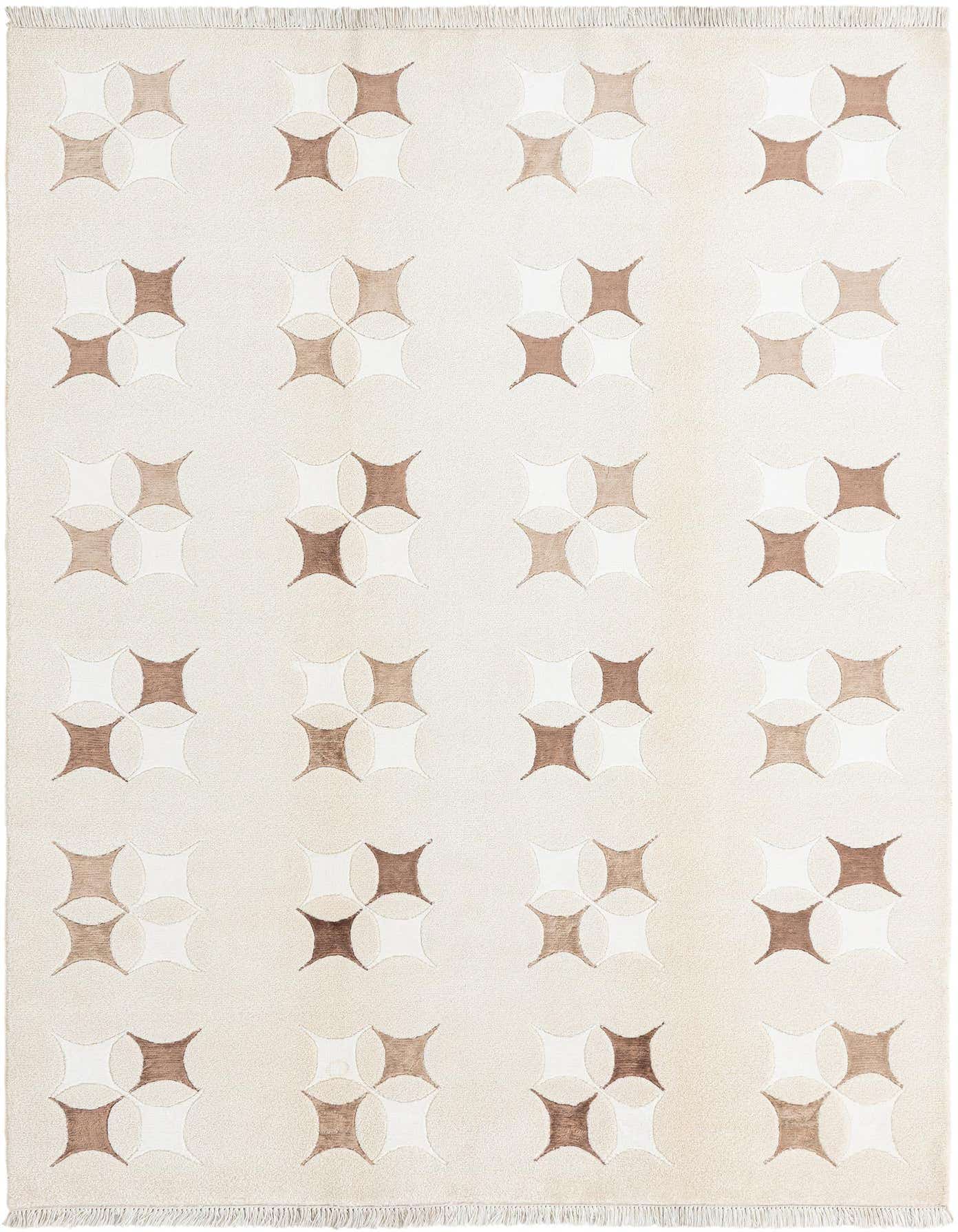 A rectangular 5x8 Darya rug featuring a modern Persian pattern of repeating brown and ivory geometric shapes on a cream background, with fringed ends.