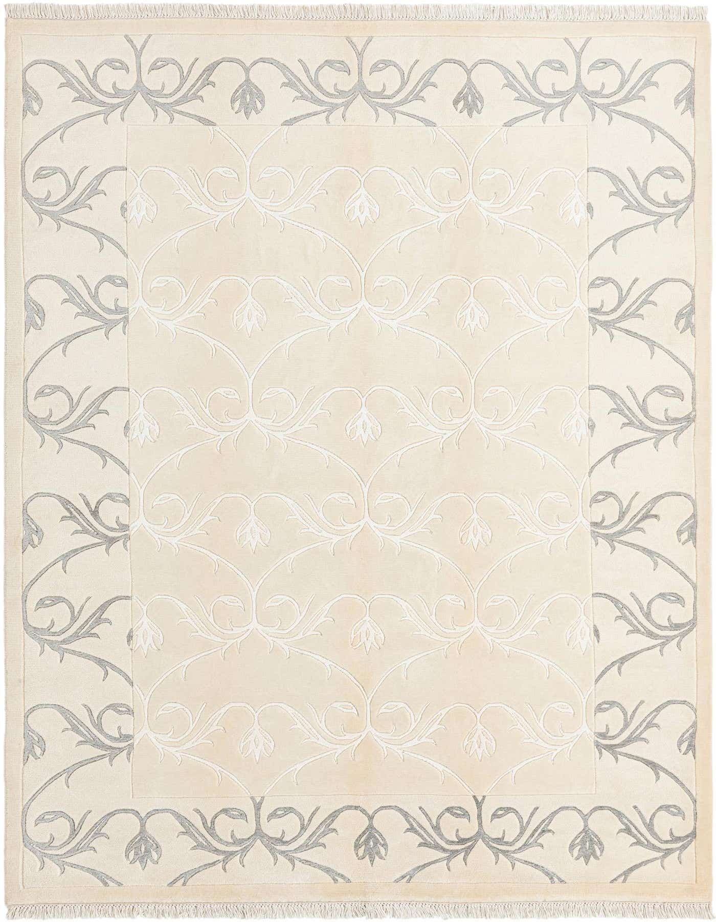 A rectangular 5x8 Darya rug in cream and light brown with an ornate Persian floral and vine pattern.