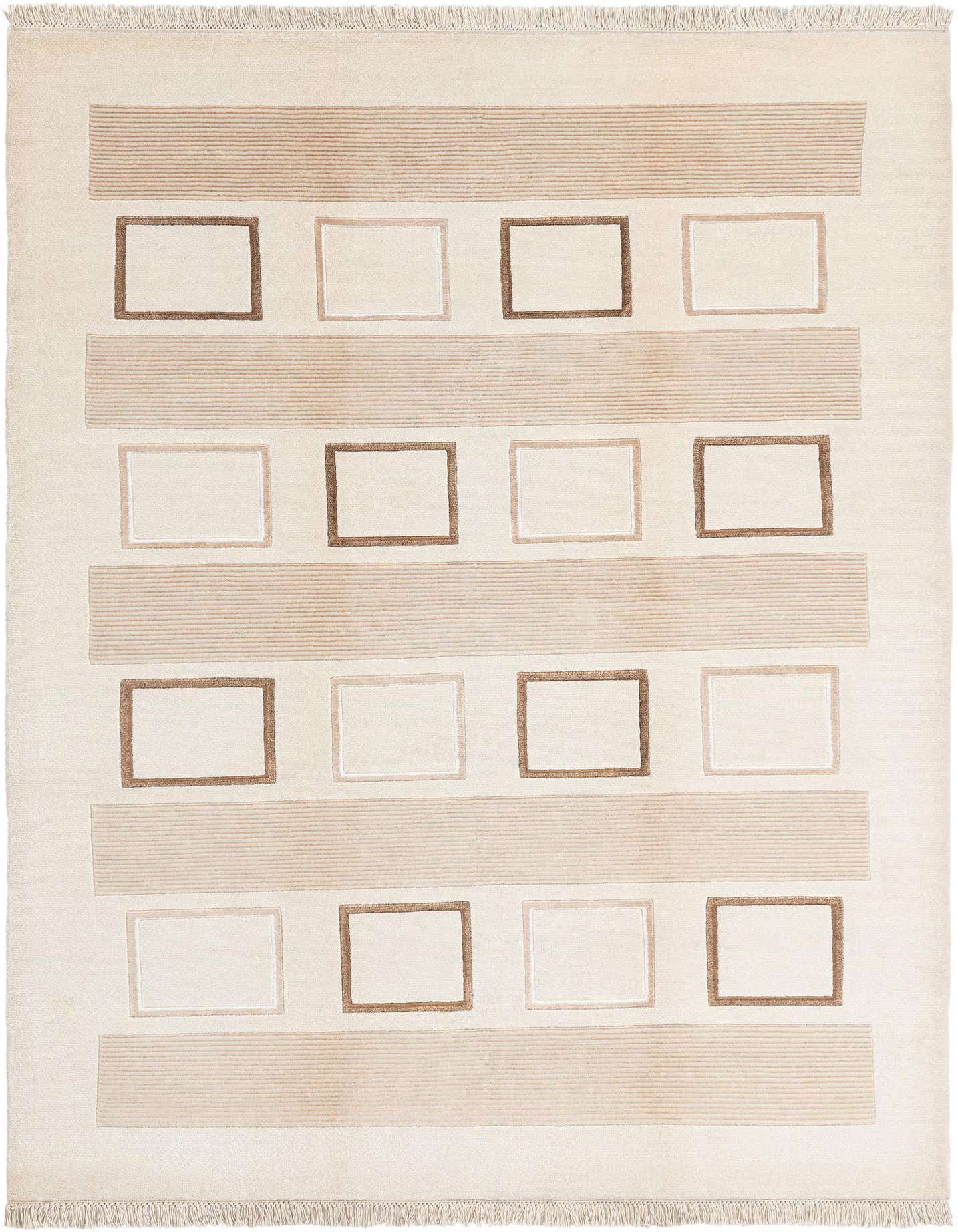 A 5x8 rectangular Darya rug in cream and brown, featuring a modern Persian design with horizontal stripes and alternating light and dark brown rectangular outlines.